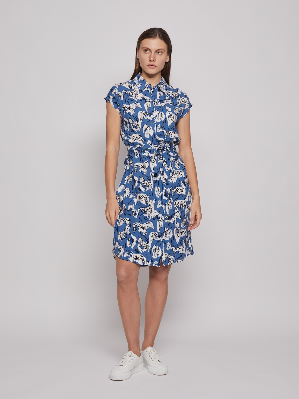 Принтованное платье-рубашка с поясом zolla 02223824Y073, цвет голубой, размер S - фото 2
