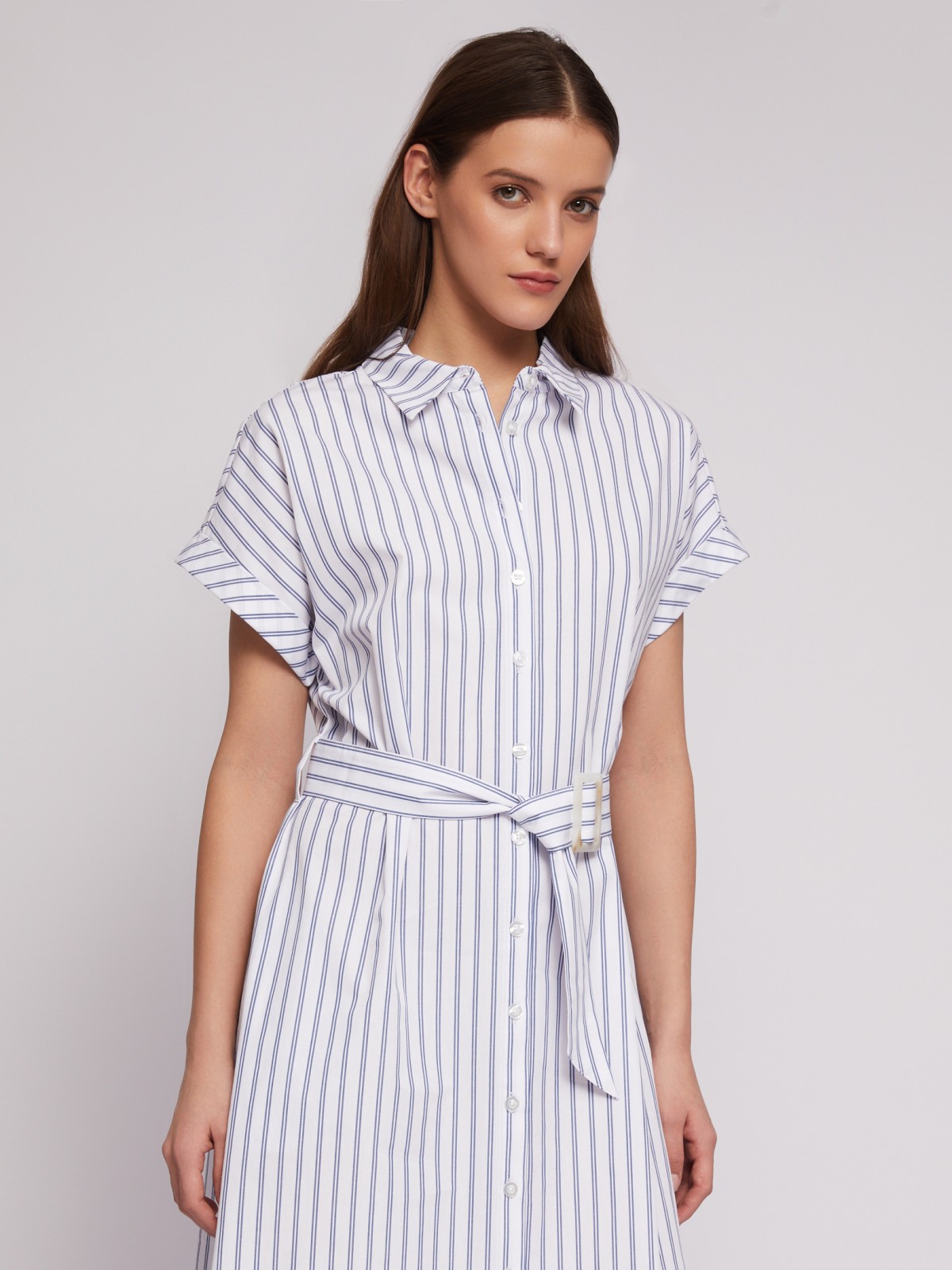 Платье-рубашка из хлопка с коротким рукавом и узором в полоску zolla 024218262363, цвет белый, размер S - фото 5