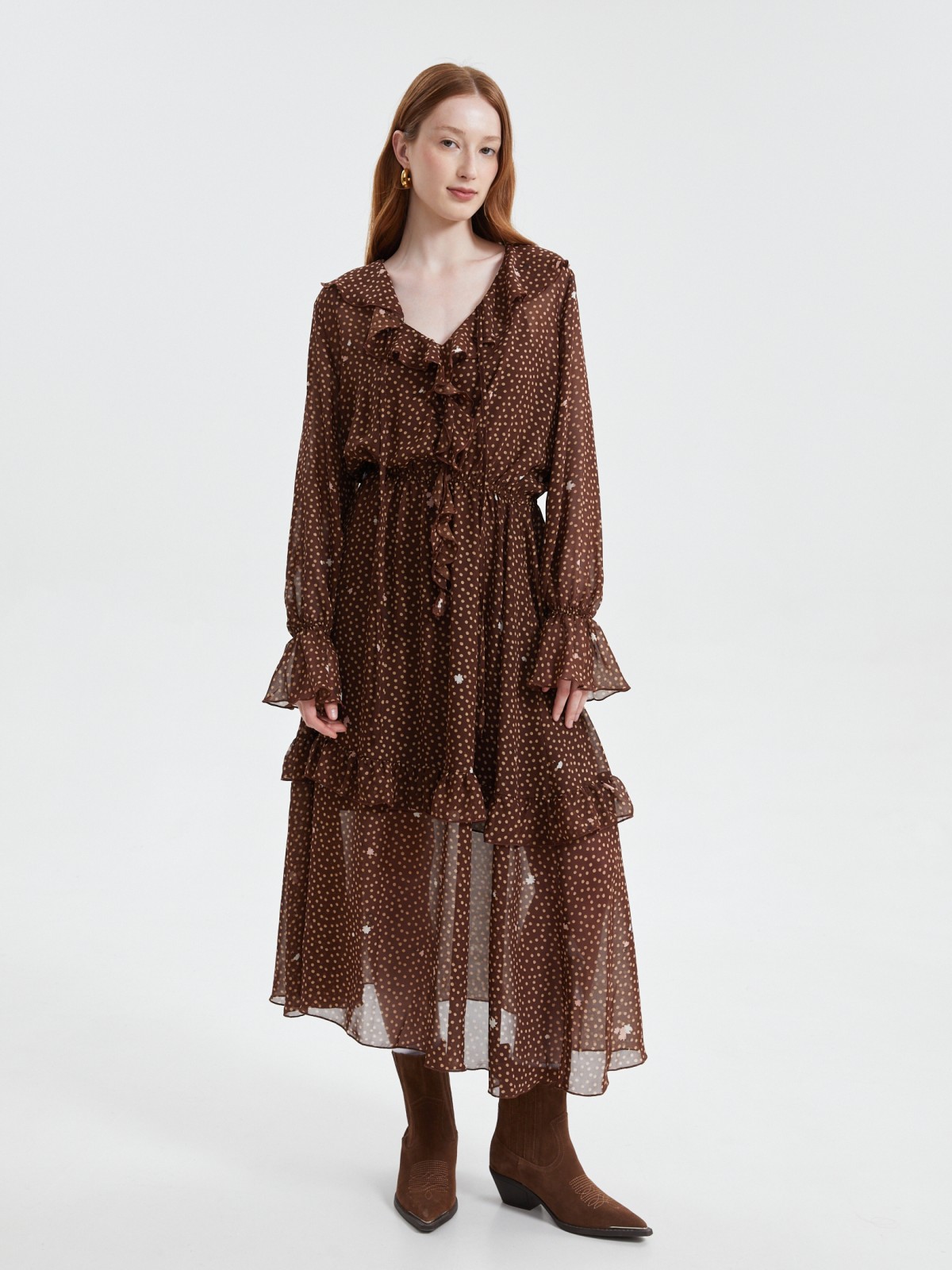 Платье миди из шифона с воланами