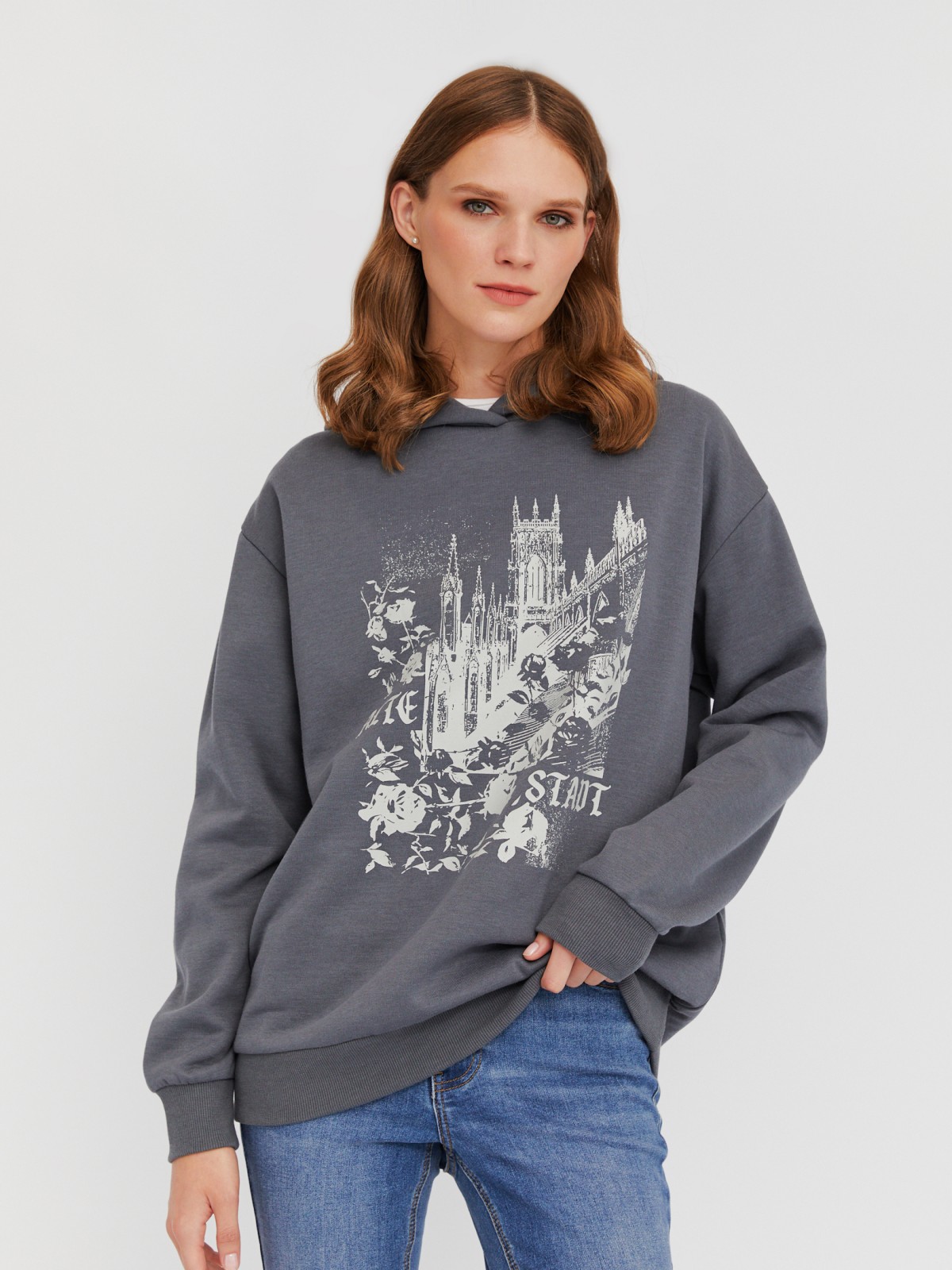 Утеплённый худи с капюшоном и принтом