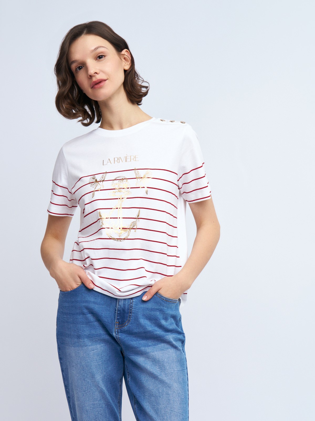 Футболка из хлопка в полоску с металлическим декором