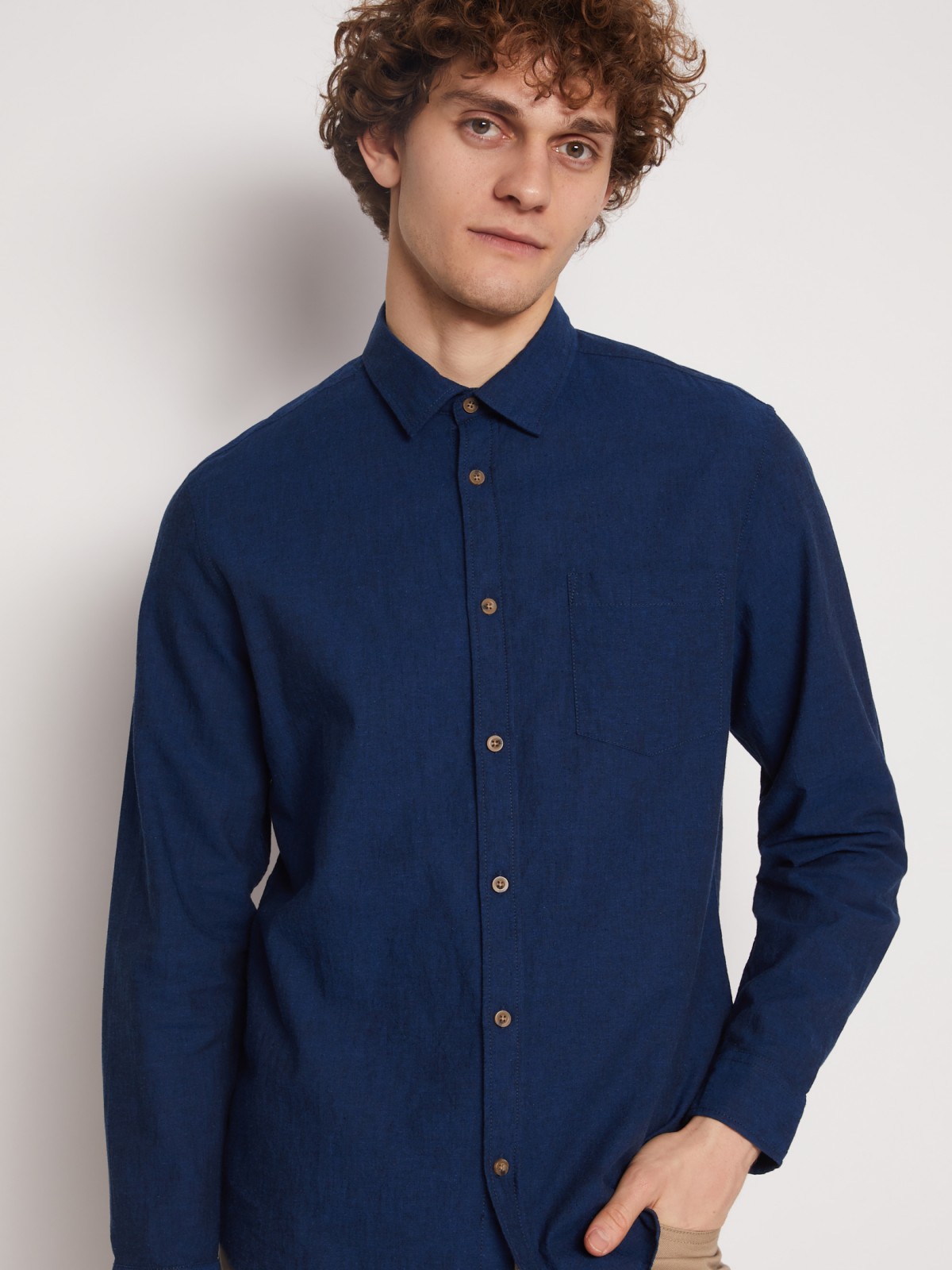 Рубашка из льна с длинным рукавом zolla 013212159013, цвет темно-синий, размер M - фото 4