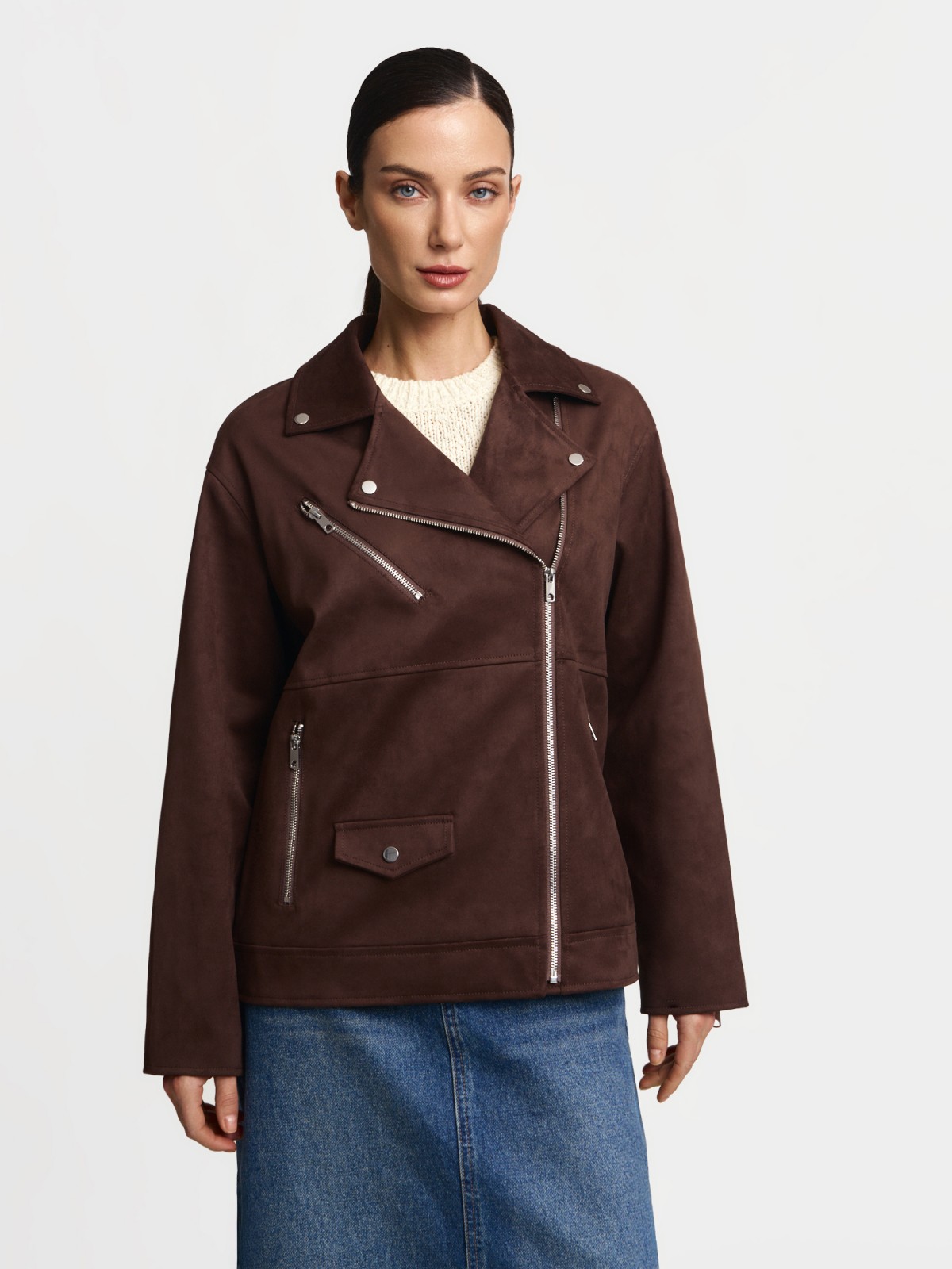 Короткая куртка-косуха оверсайз из экозамши