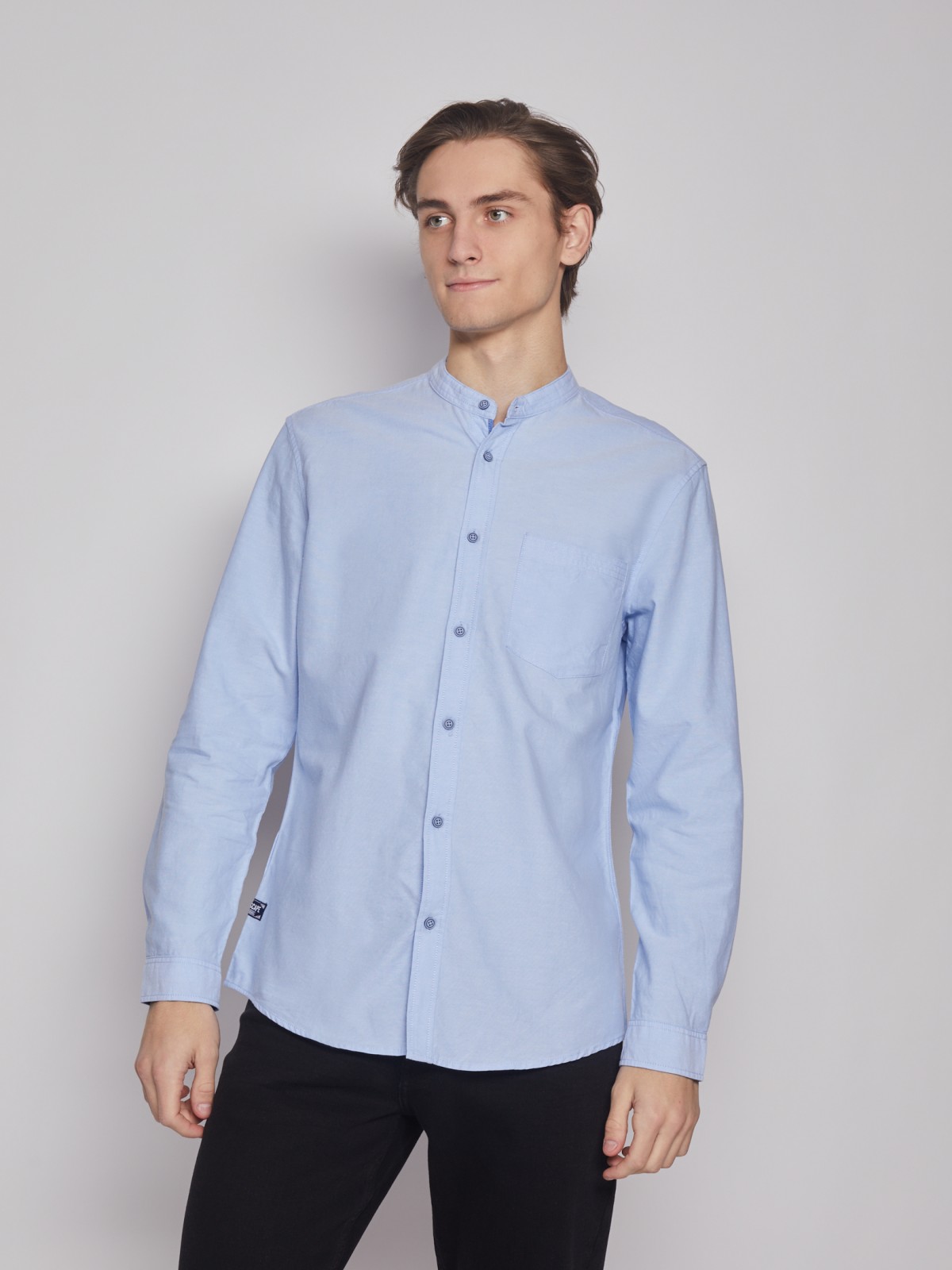 Хлопковая рубашка без воротника zolla 21312214R013, цвет светло-голубой, размер S - фото 3