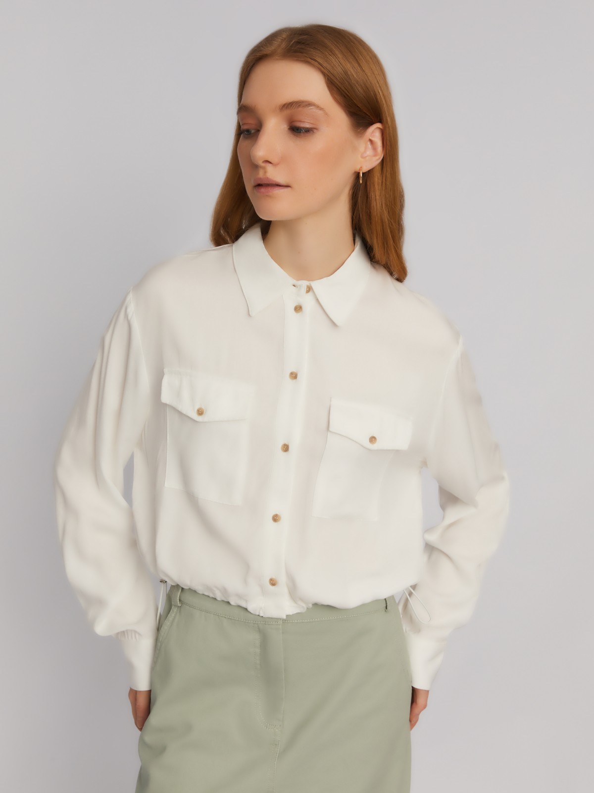 Блузка-рубашка из вискозы в спортивном стиле на кулиске zolla 02413114Y363, цвет молоко, размер XS - фото 3