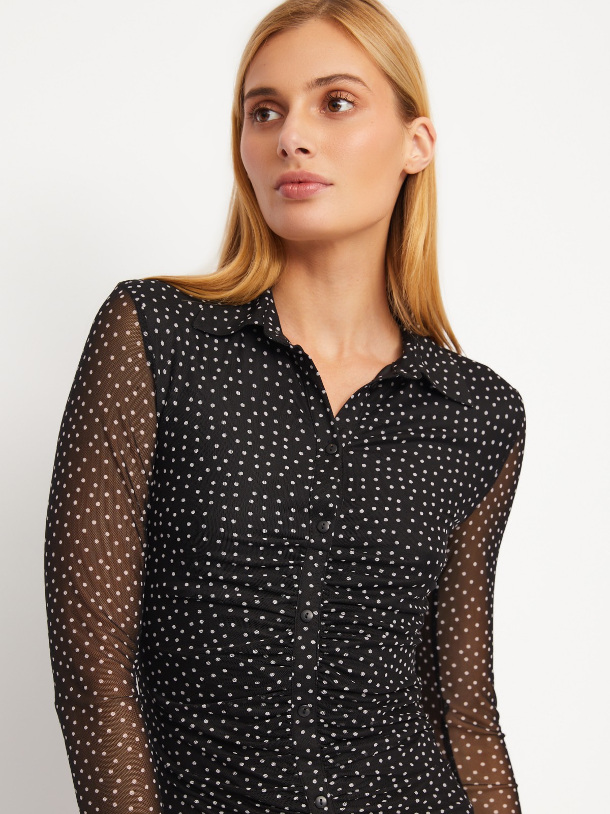 Платье-рубашка длины мини из сетки в горошек с драпировкой zolla 024118159041, цвет черный, размер XS - фото 4
