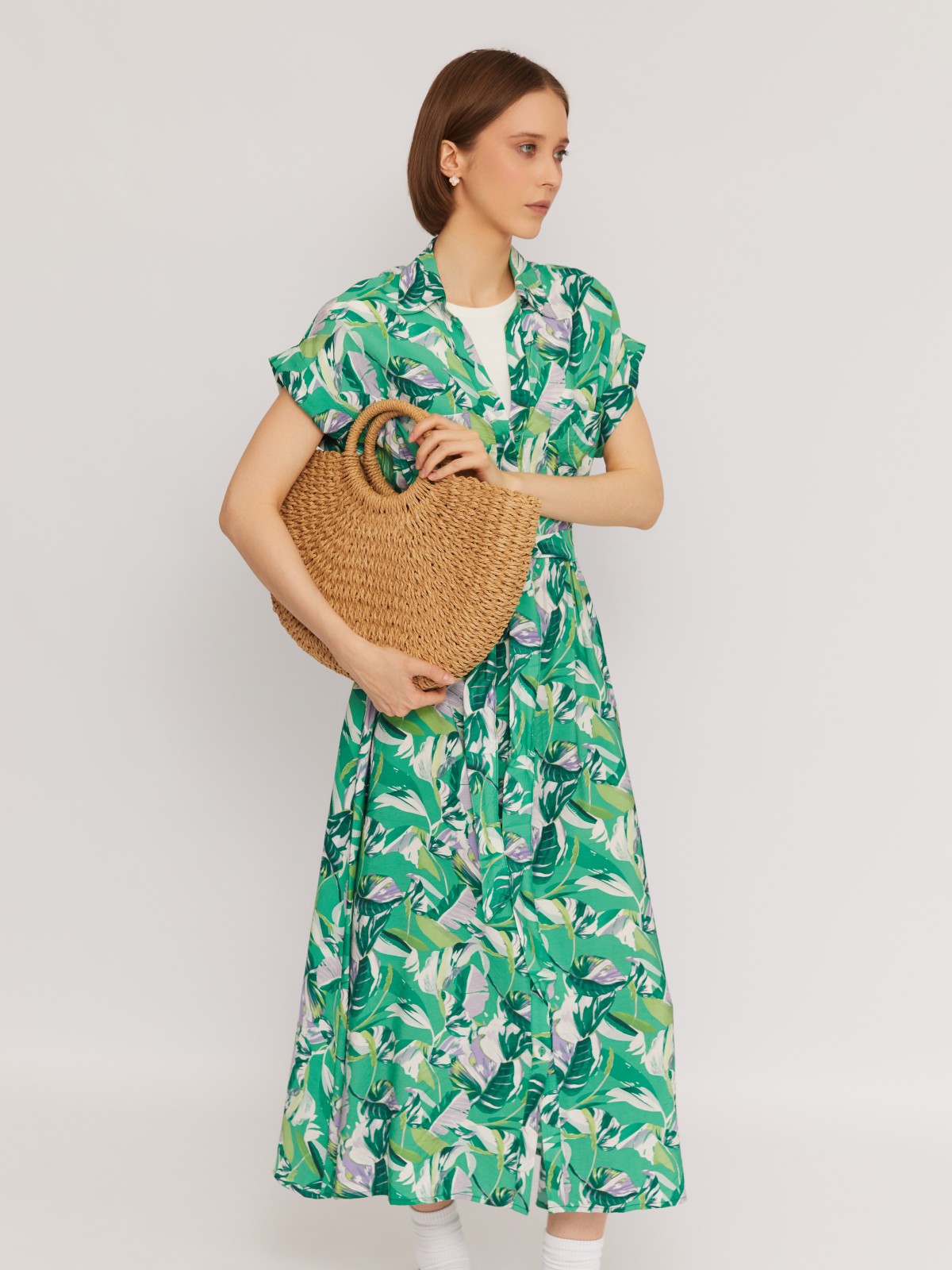 Платье-рубашка из вискозы с тропическим  принтом и поясом