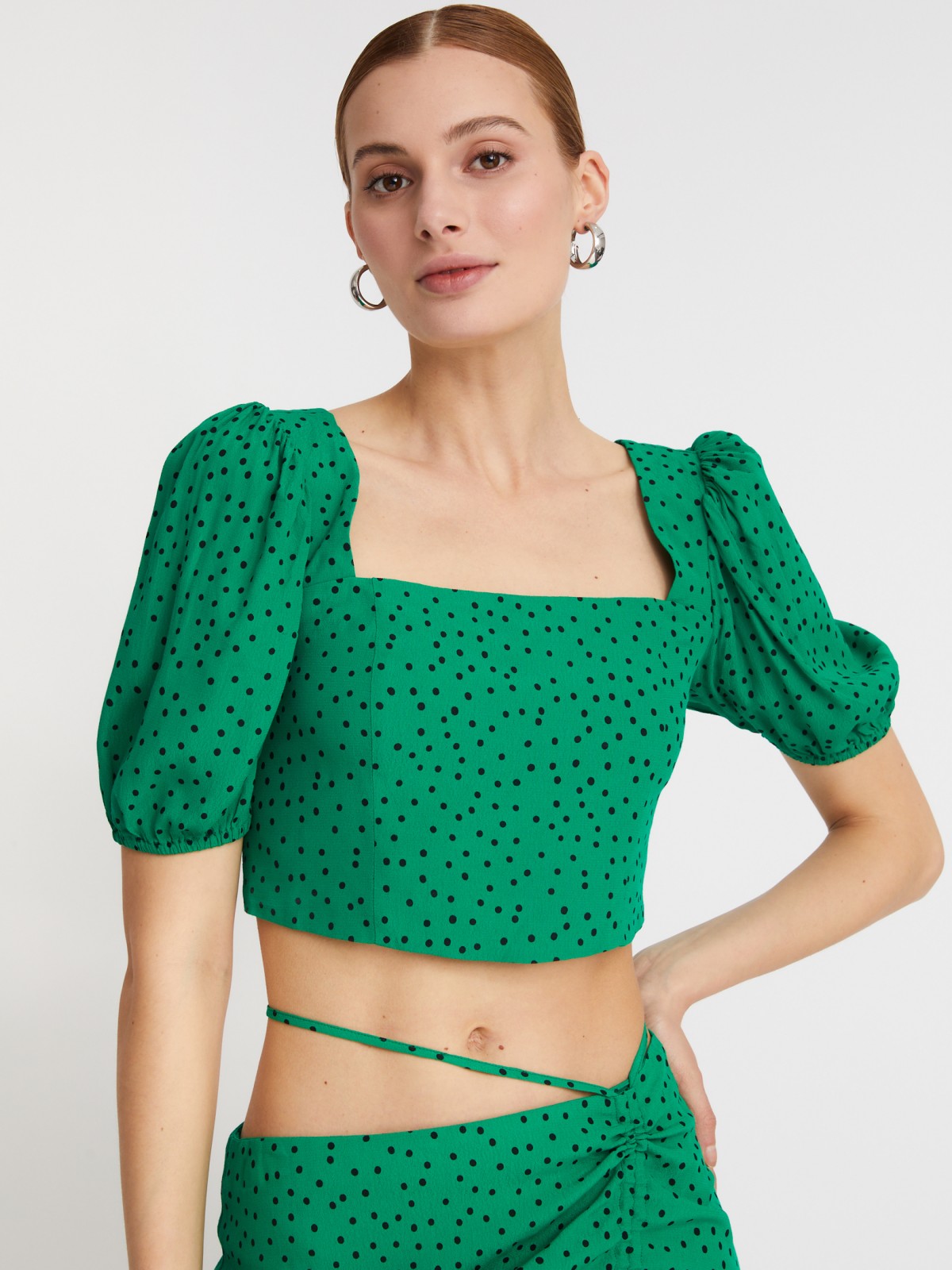 Блузка с короткими рукавами zolla 023241259061, цвет зеленый, размер XXS - фото 4