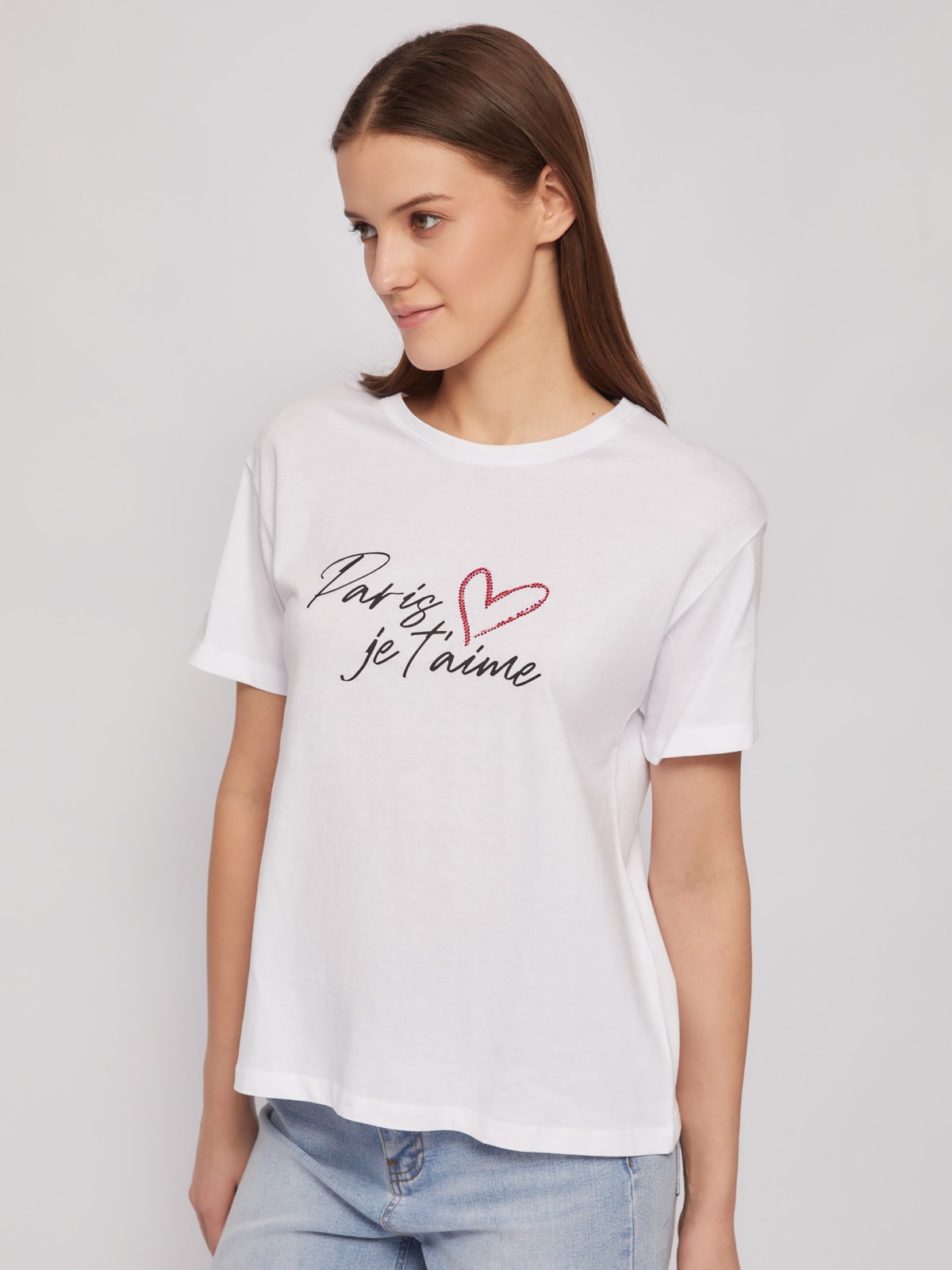 Трикотажная футболка из хлопка с принтом-надписью zolla 024223238653, цвет белый, размер S - фото 5
