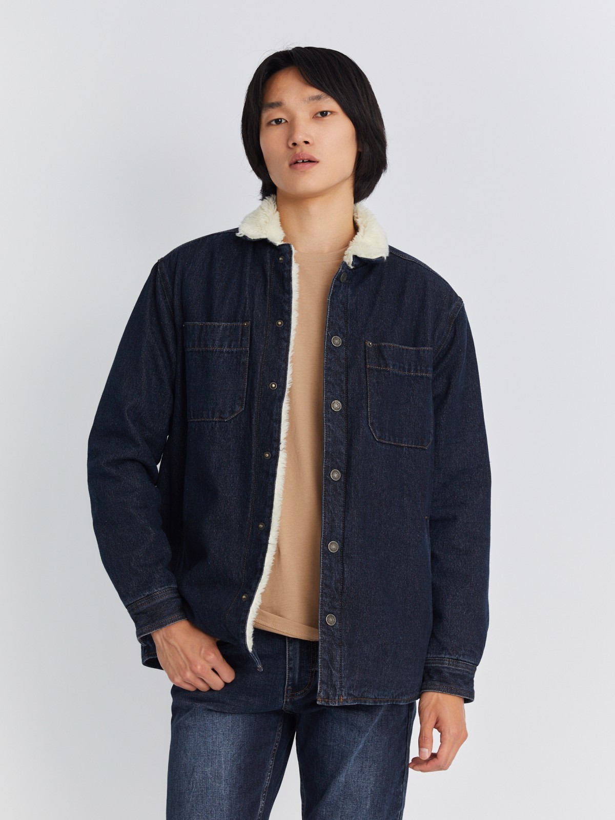 Утеплённая джинсовая куртка-рубашка с искусственным мехом zolla 212335W4S044, цвет голубой, размер S - фото 1