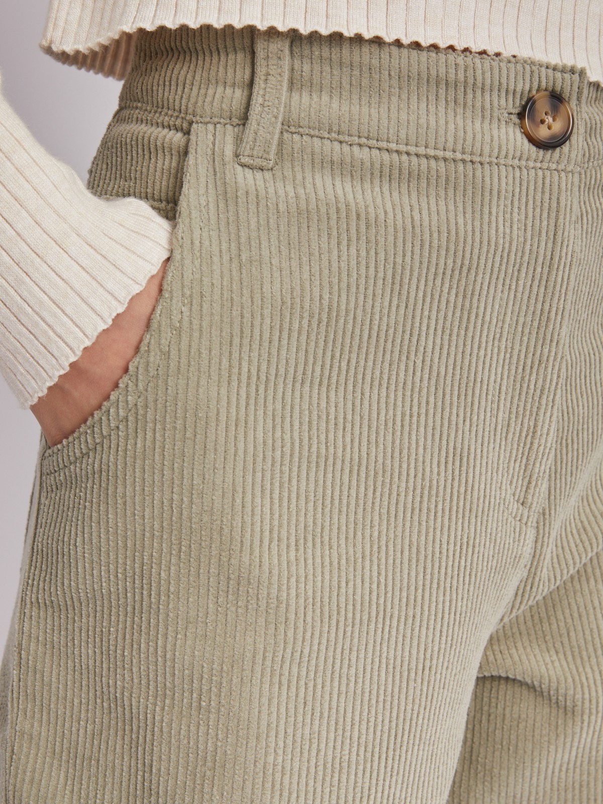 Вельветовые брюки из хлопка с высокой талией zolla 223347359013, цвет хаки, размер XS - фото 5