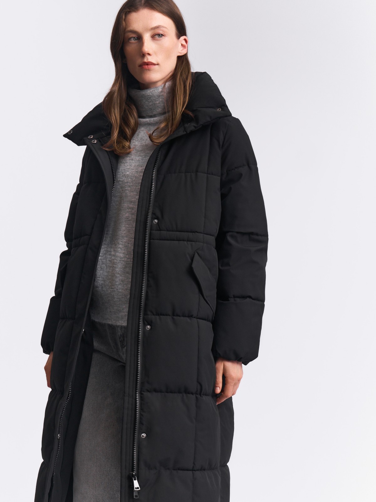 Тёплая куртка-пальто с высоким воротником