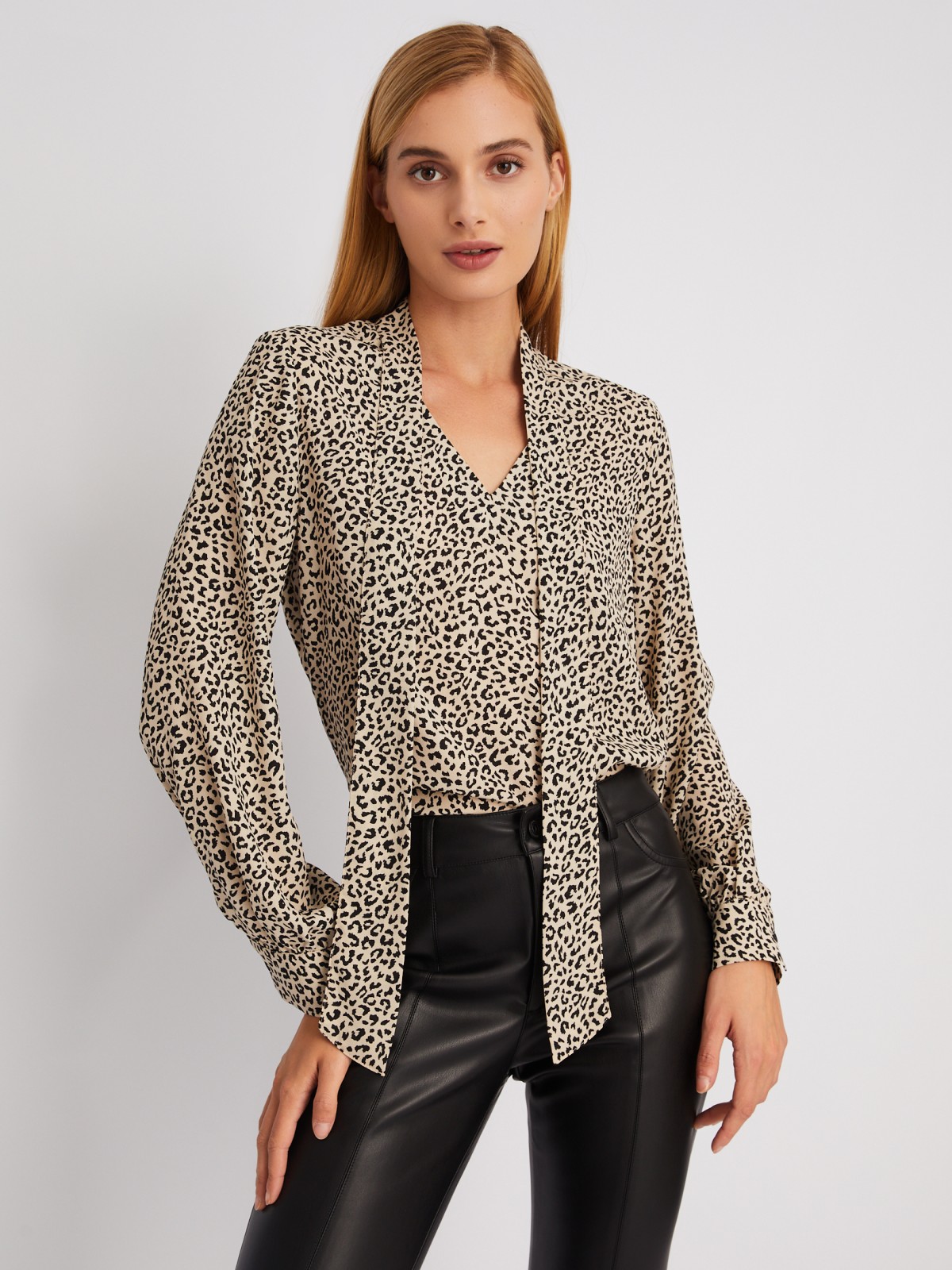 Блузка с бантом на завязках и с леопардовым принтом zolla 024111162443, цвет бежевый, размер XS