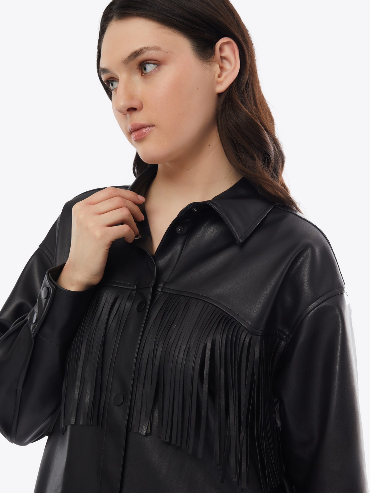 Куртка-рубашка из экокожи с бахромой на кокетке zolla 02413540L051, цвет черный, размер S - фото 4