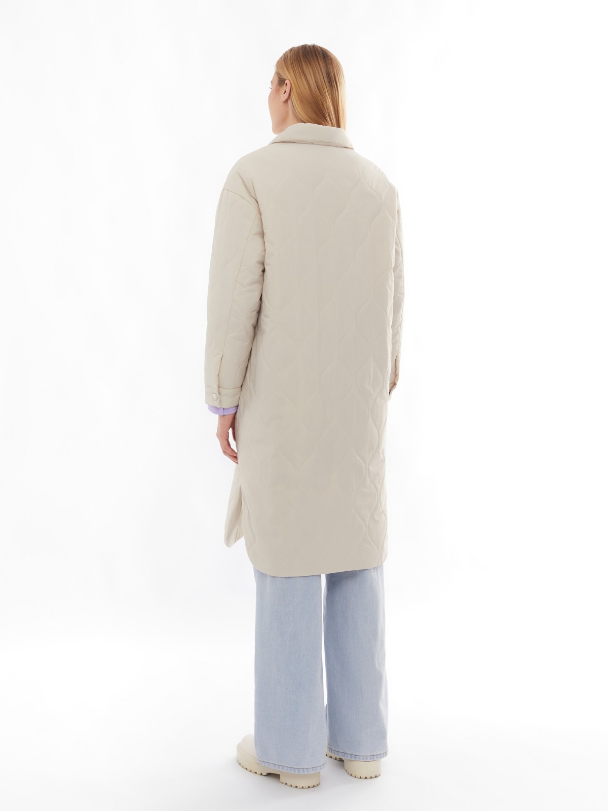 Длинное стёганое пальто-рубашка из нейлона на синтепоне zolla 024135202054, цвет молоко, размер XS - фото 6
