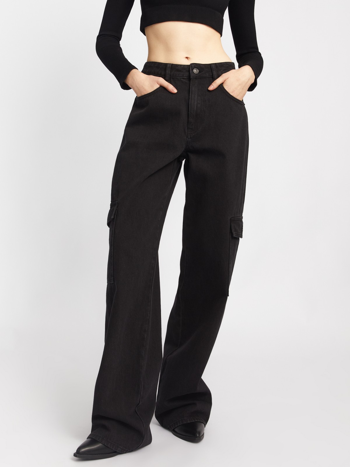 Джинсы прямого силуэта из хлопка с карманами карго zolla 024117125021, цвет черный, размер 26 - фото 2