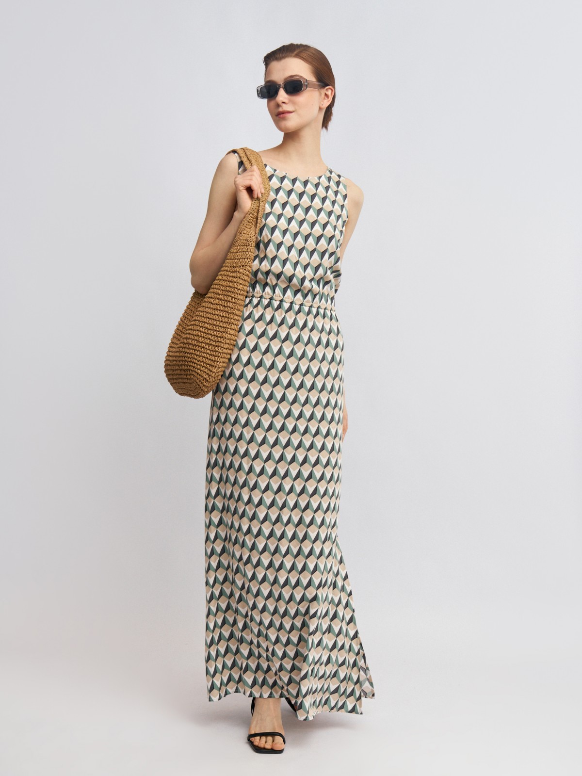 Платье макси без рукавов с разрезами и поясом