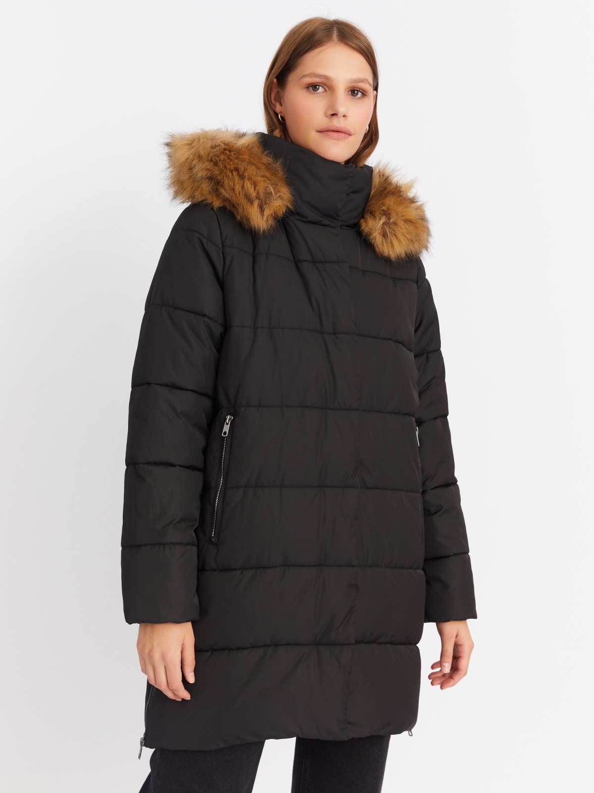 Тёплая куртка-пальто с капюшоном и боковыми шлицами на молниях zolla 022425212014, цвет черный, размер XS - фото 3