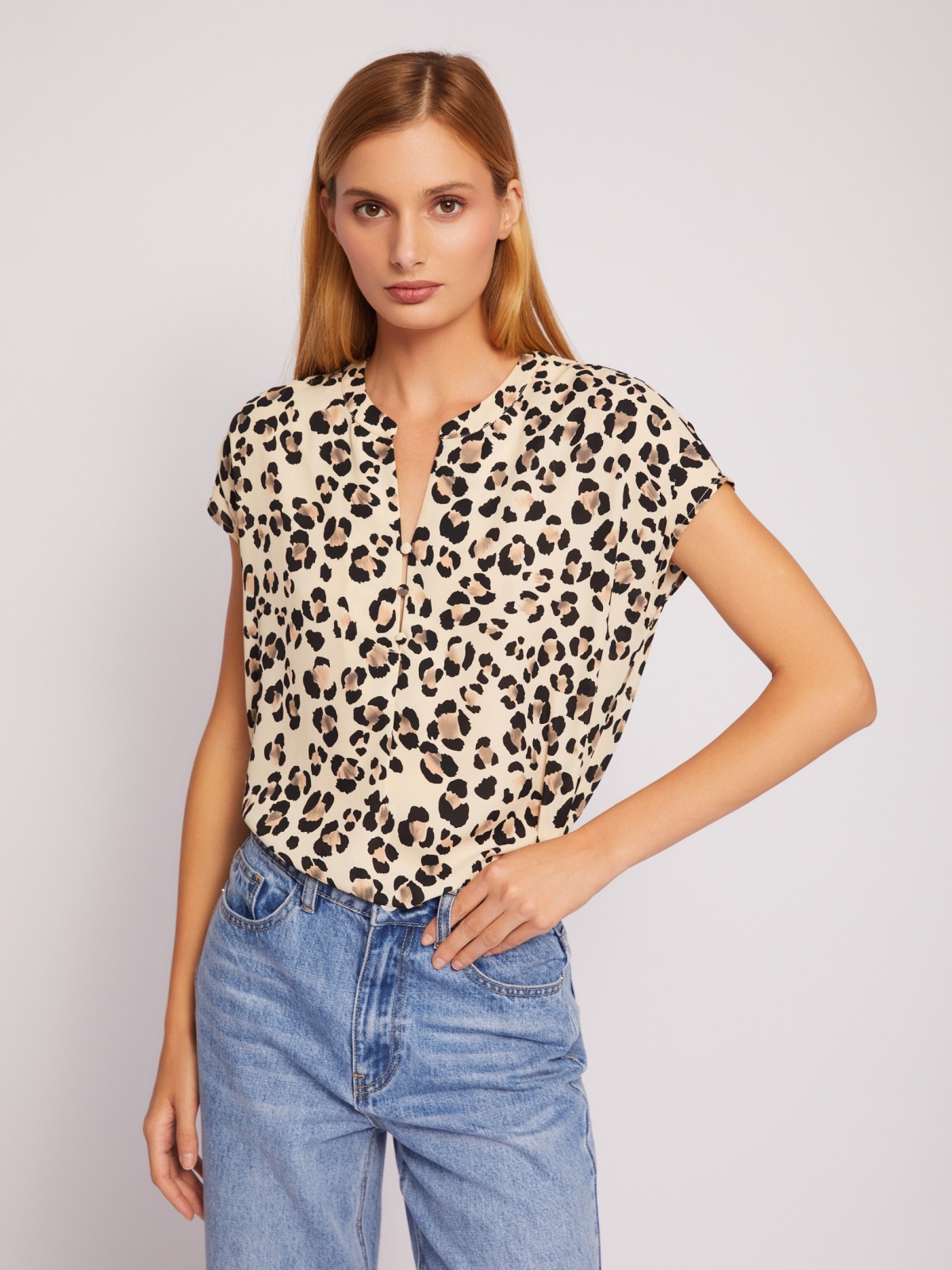 Блузка с коротким рукавом и леопардовым принтом zolla 02421124Y172, цвет бежевый, размер L