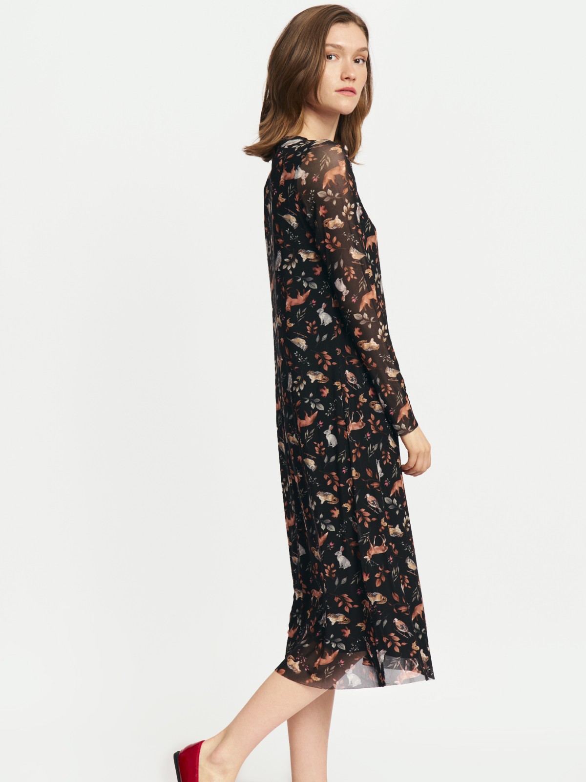 Платье миди из сетки с лесным принтом