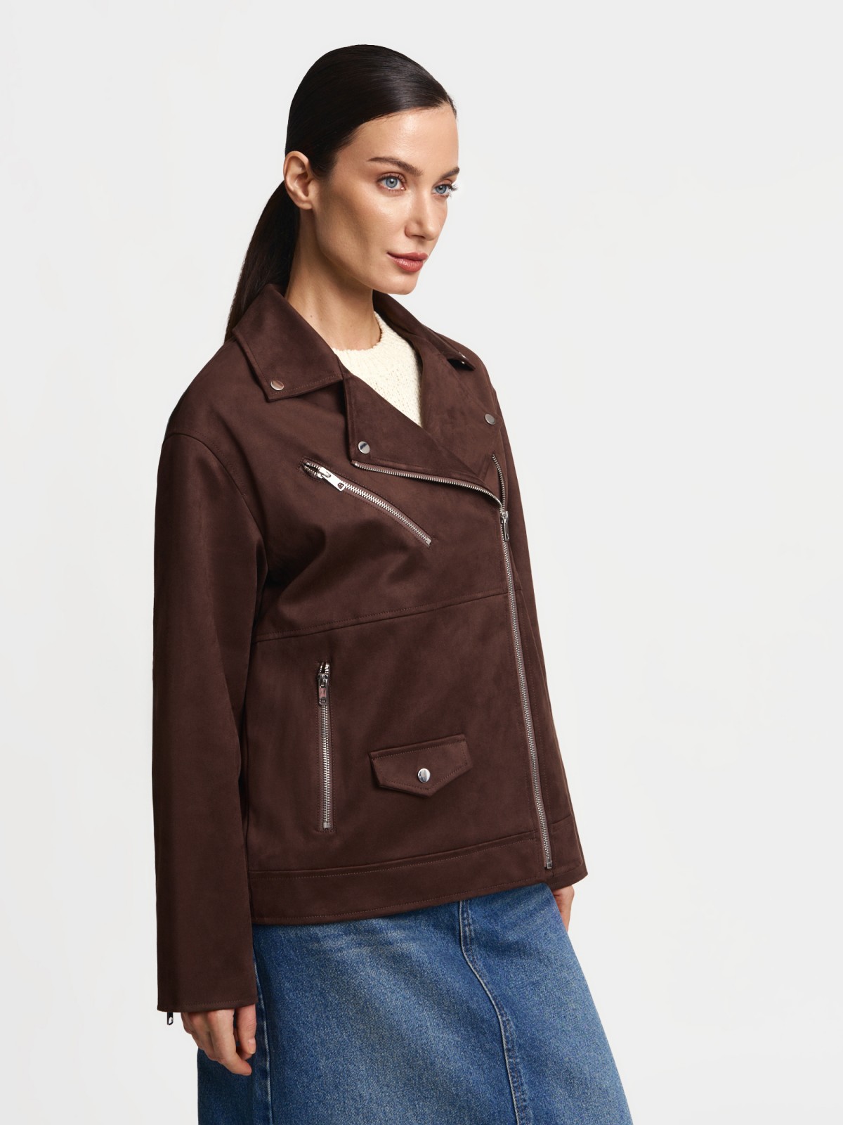 Короткая куртка-косуха оверсайз из экозамши