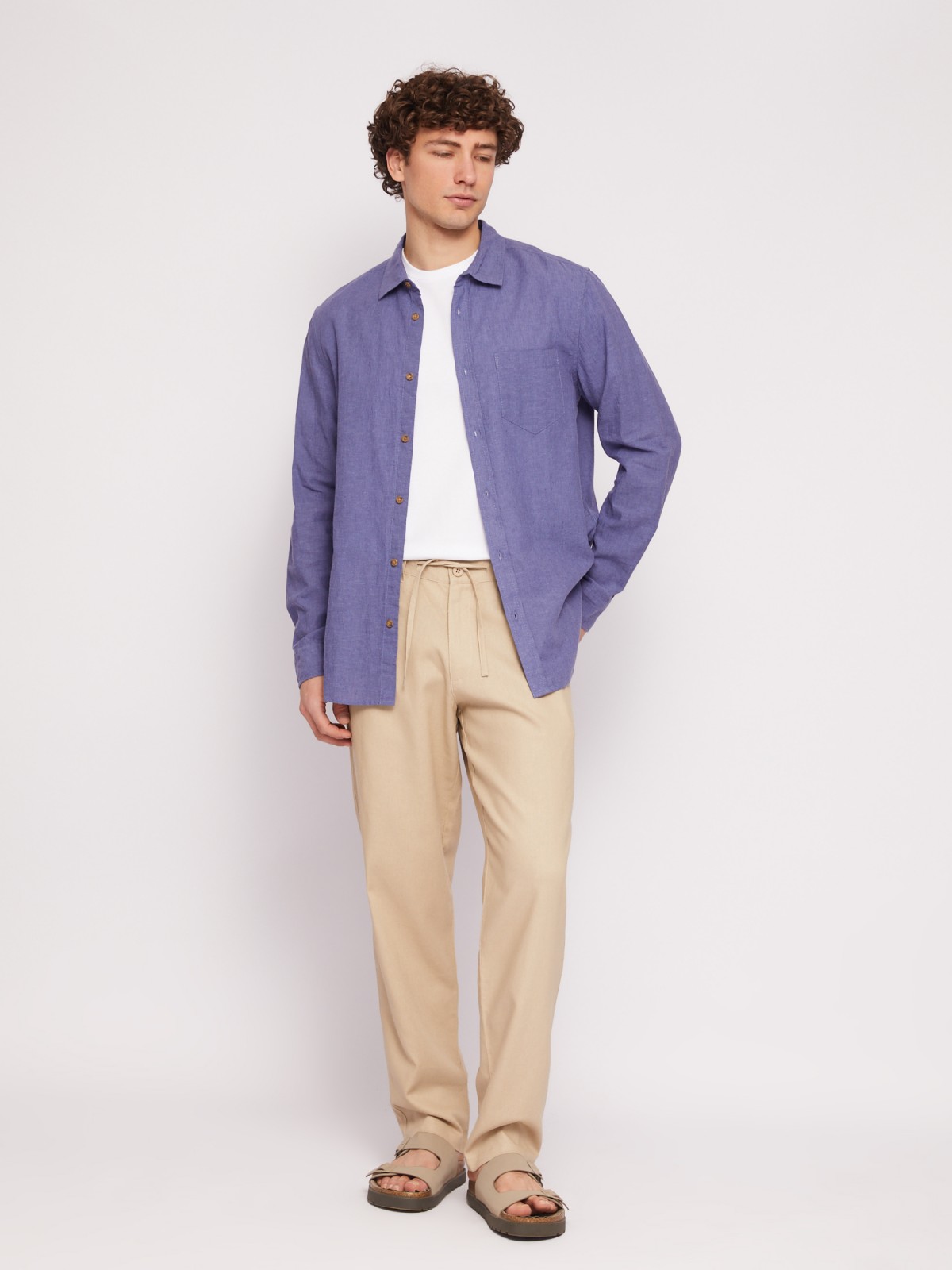 Льняная офисная рубашка прямого силуэта с карманом zolla 014212159013, цвет фиолетовый, размер XL - фото 2