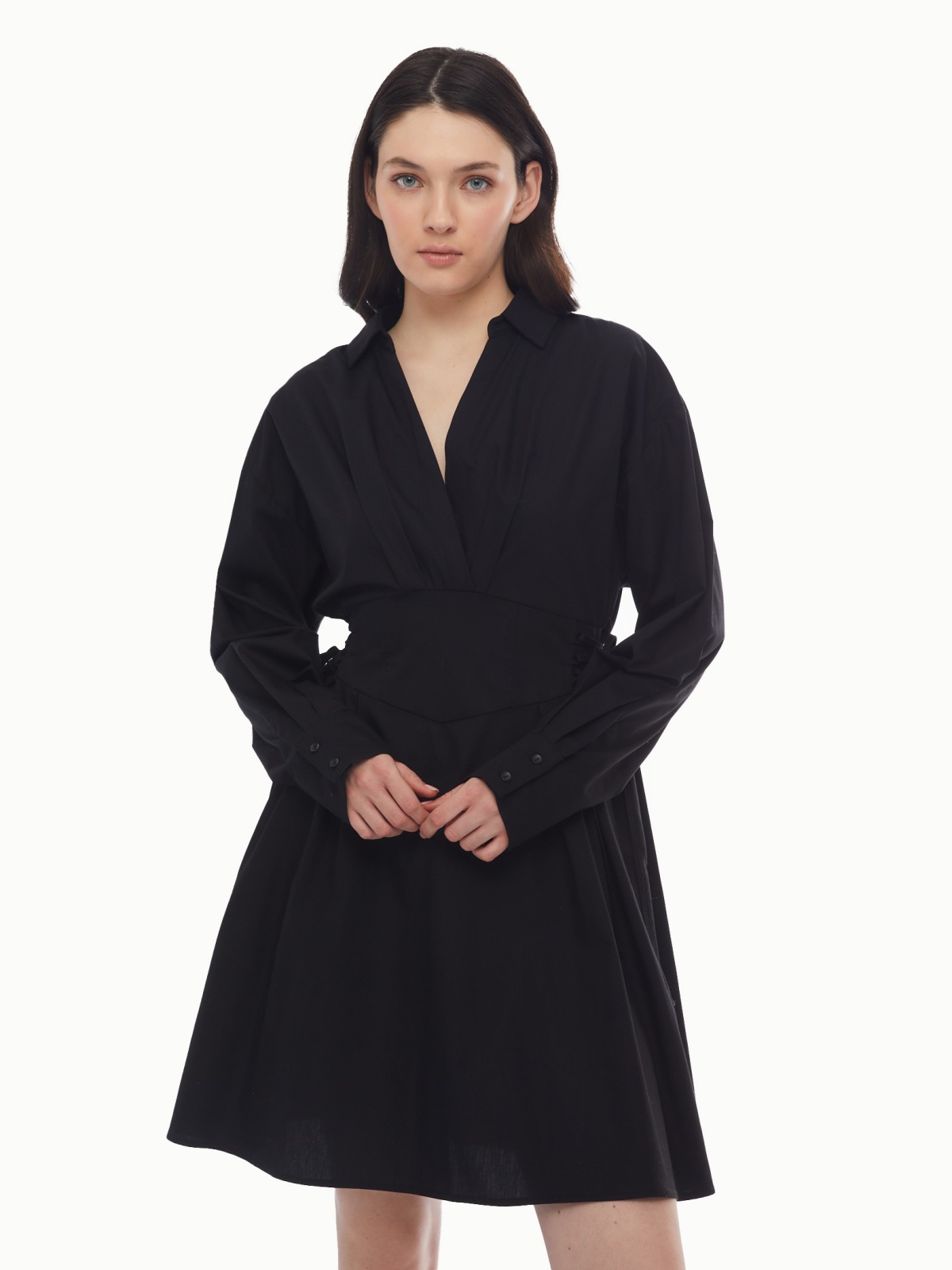 Платье длины мини из хлопка со шнуровкой на талии zolla 024138239291, цвет черный, размер XS