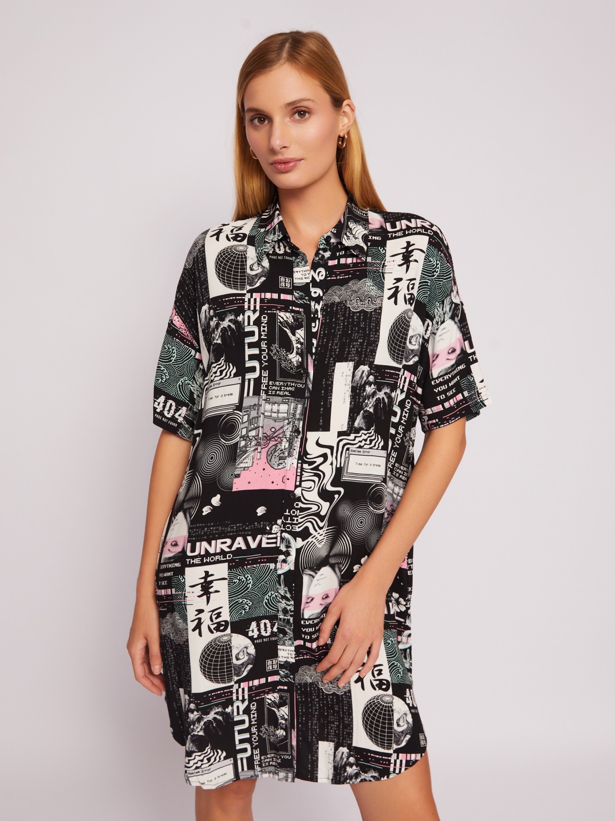 Платье-рубашка мини из вискозы на пуговицах zolla 02421827Y373, цвет черный, размер S
