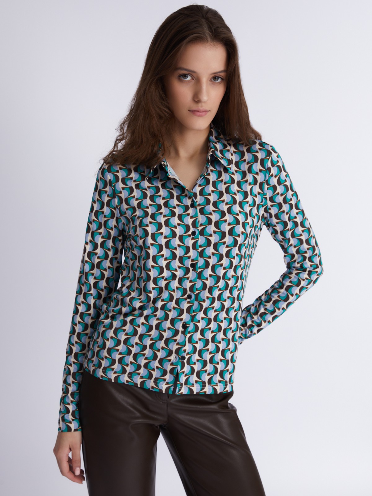 Трикотажная блузка-рубашка с абстрактным геометрическим принтом zolla 023321159233, цвет голубой, размер S - фото 5