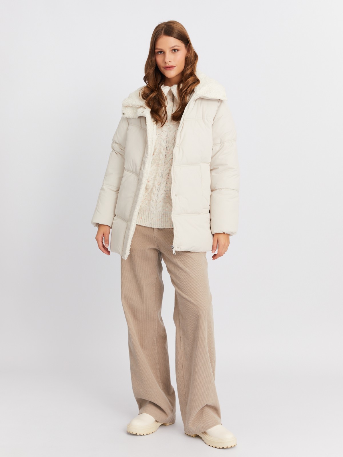 Тёплая стёганая куртка с воротником-стойкой и отделкой из экомеха zolla 023425102044, цвет молоко, размер XS - фото 2