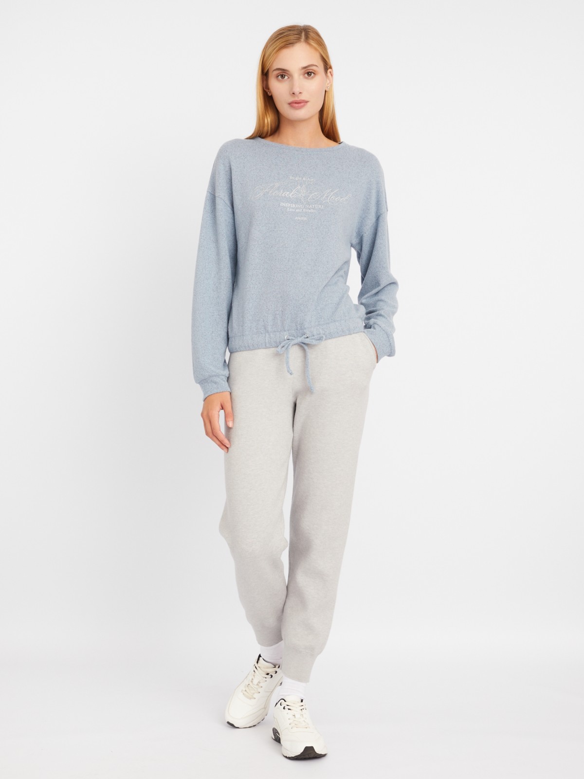 Джемпер из вязанного трикотажа на кулиске с металлизированным принтом-надписью