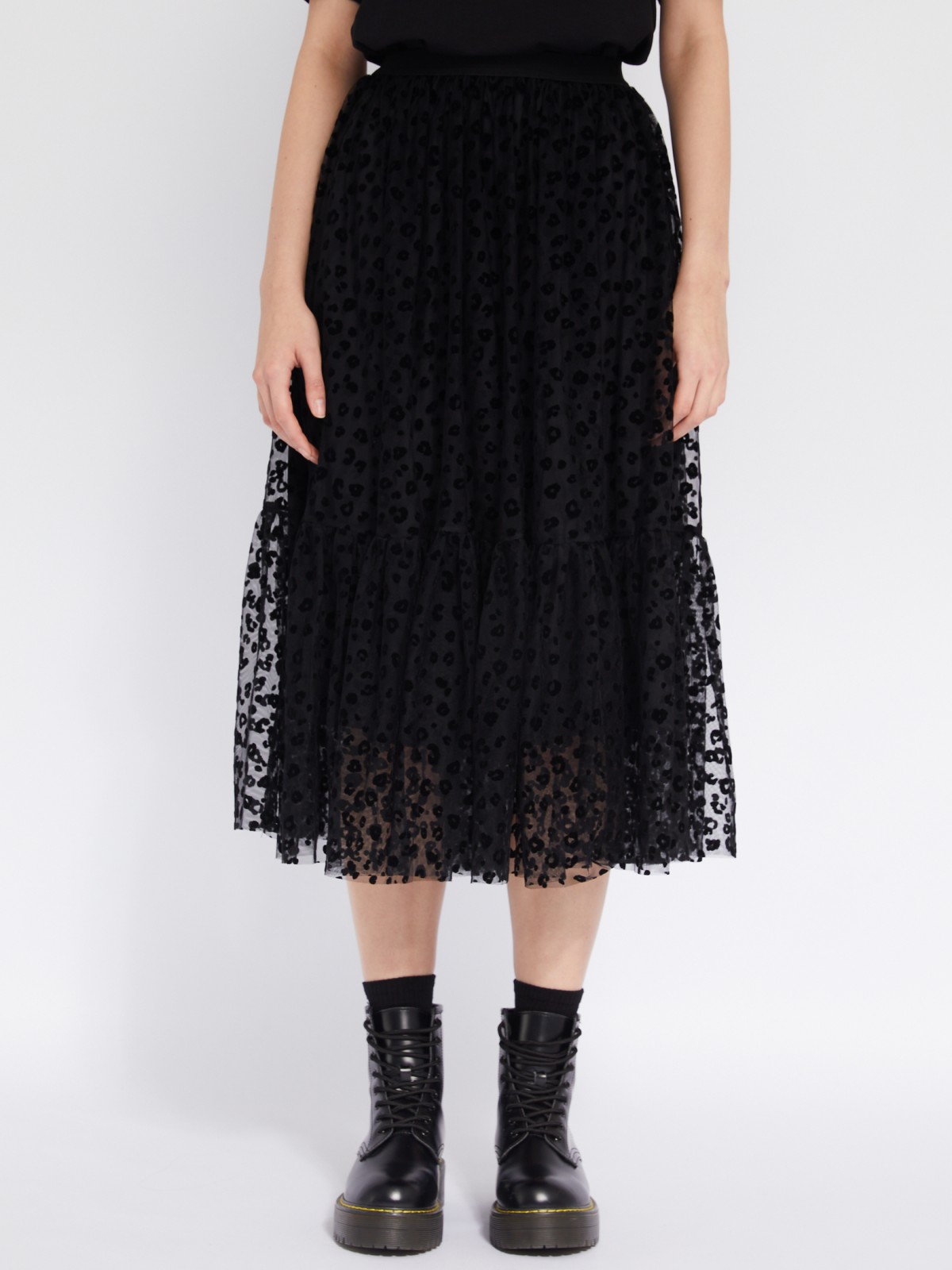 Ярусная юбка длины миди из полупрозрачной сетки с леопардовым узором zolla 024117859091, цвет черный, размер XS - фото 2