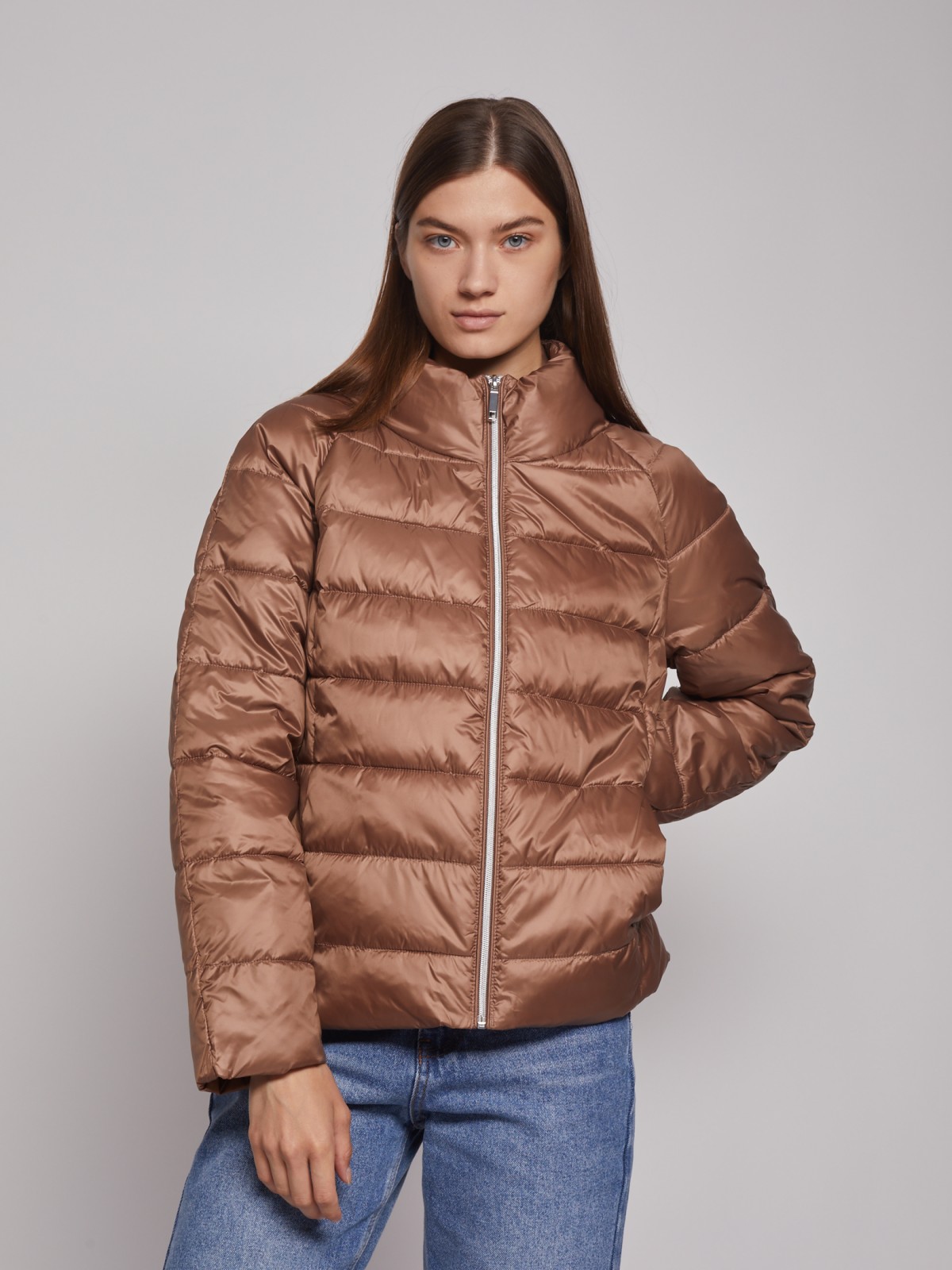 Лёгкая куртка с воротником-стойкой zolla 022335102204, цвет коричневый, размер XS - фото 4