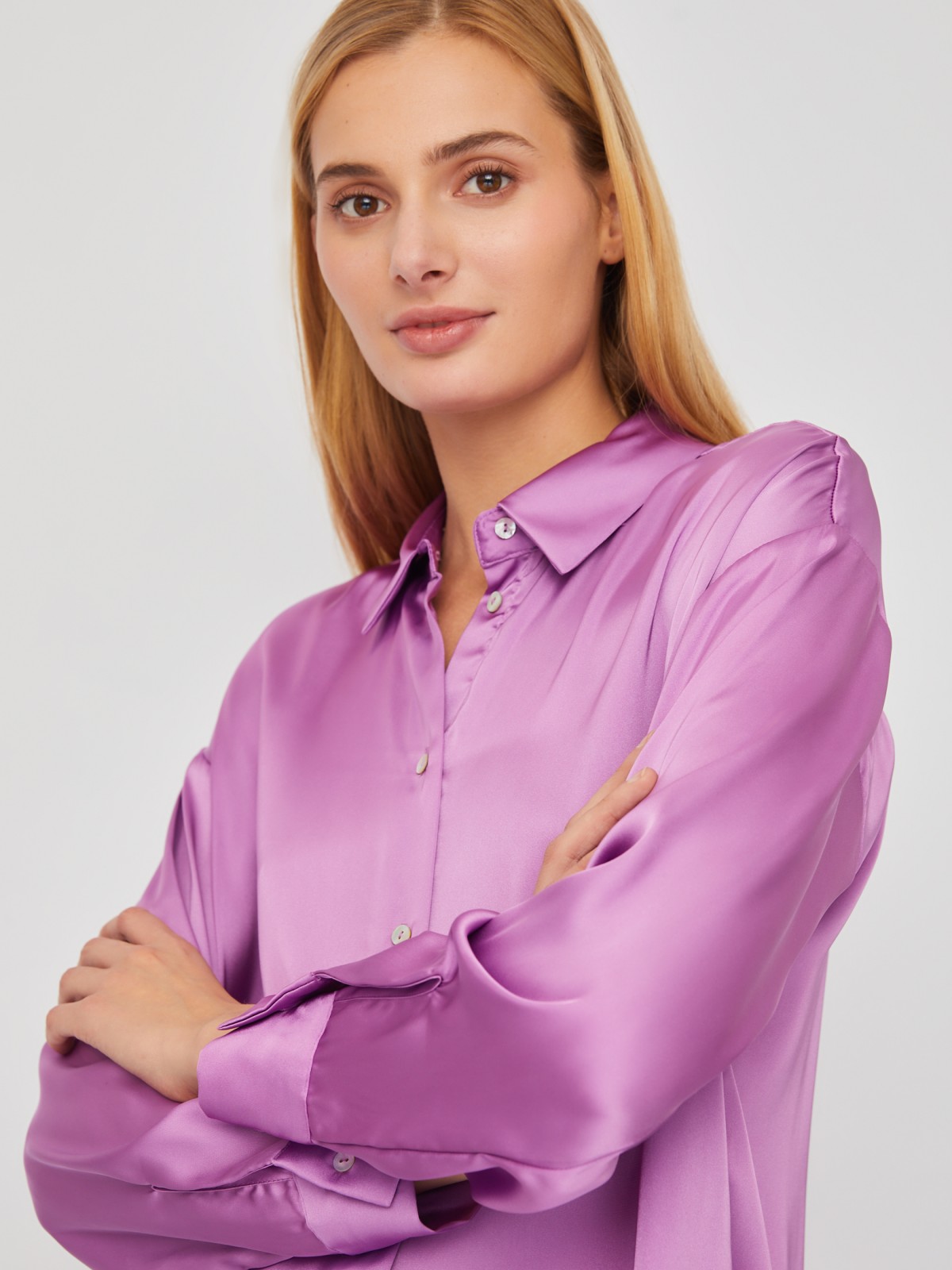 Рубашка оверсайз силуэта из атласной ткани zolla 02411117Y033, цвет фиолетовый, размер XS - фото 4