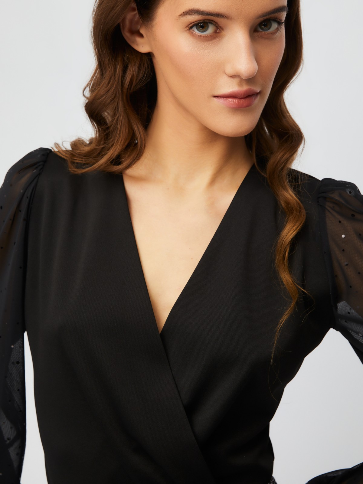 Блузка-боди с прозрачными рукавами из сетки со стразами zolla 023451159101, цвет черный, размер XS - фото 4