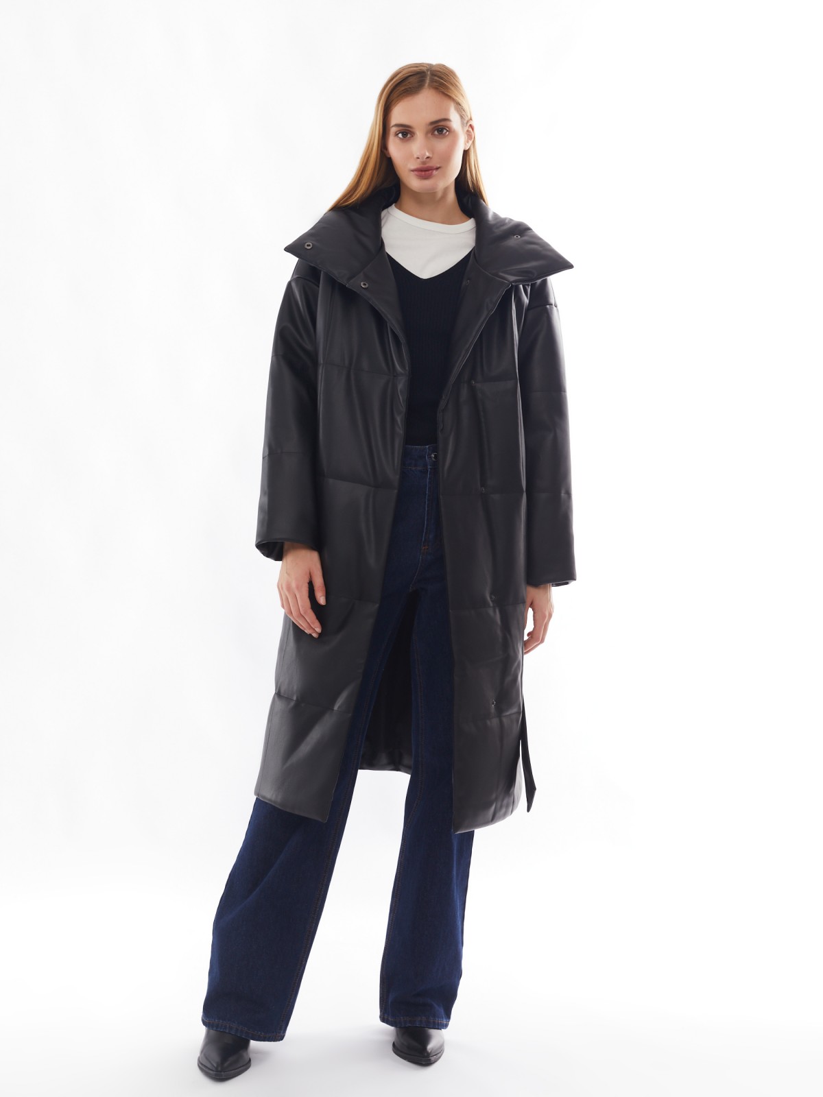 Тёплое пальто из экокожи на синтепоне с воротником-стойкой и поясом zolla 02412522N034, цвет черный, размер XS - фото 2