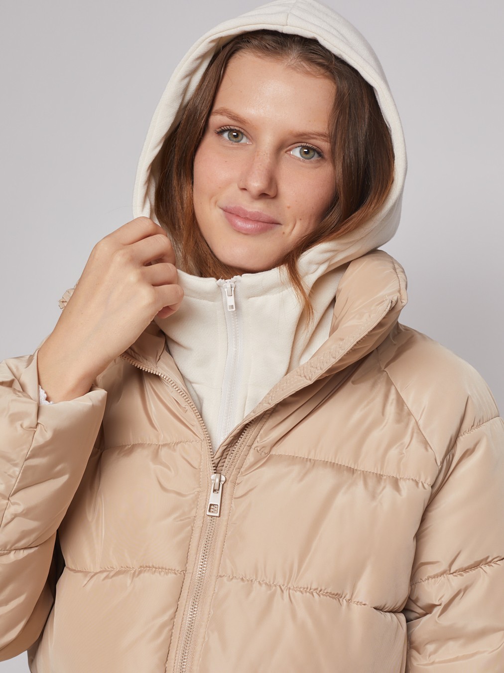 Тёплое пальто с трикотажным капюшоном zolla 022345212114, цвет бежевый, размер XS - фото 5
