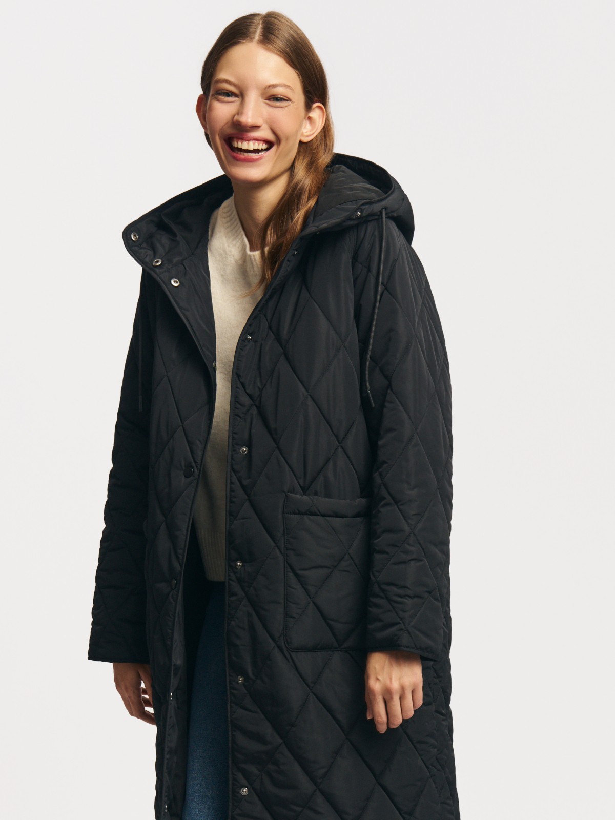 Длинная куртка-пальто на синтепоне с капюшоном