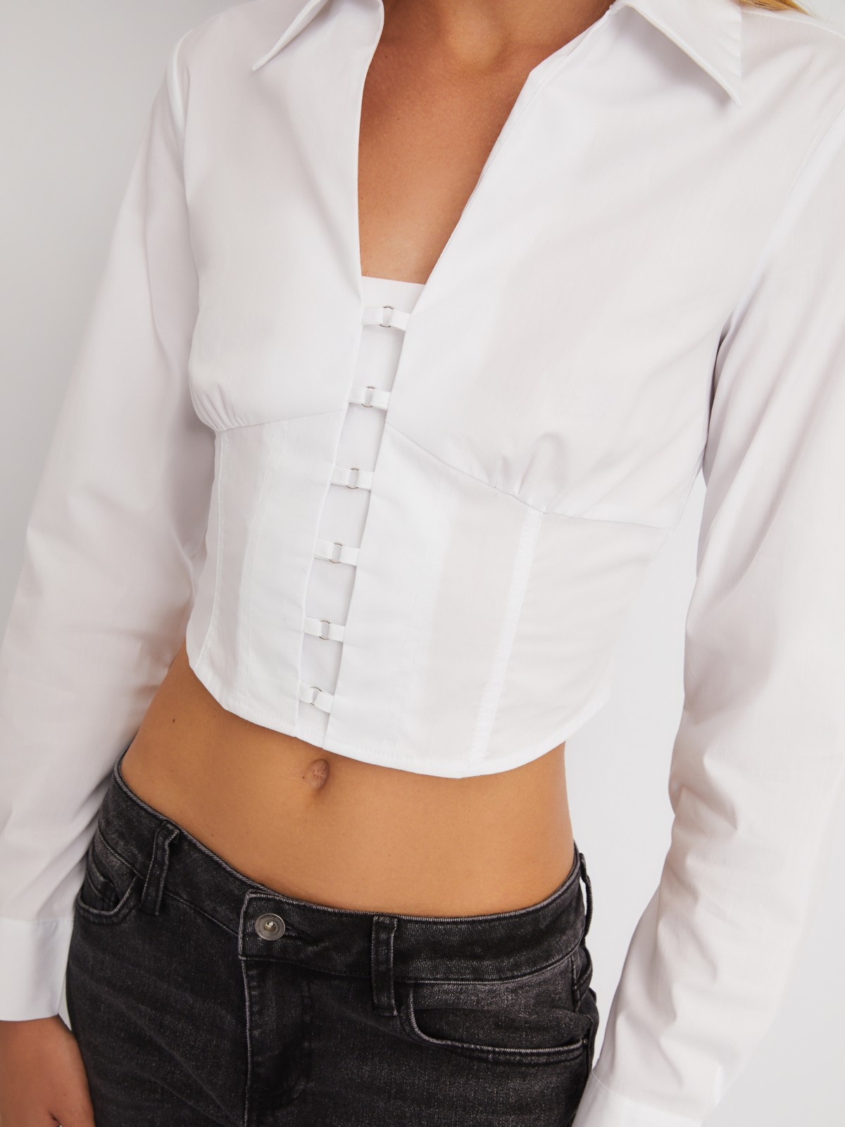 Укороченный топ-рубашка с имитацией корсета zolla 024111159271, цвет белый, размер XS - фото 4
