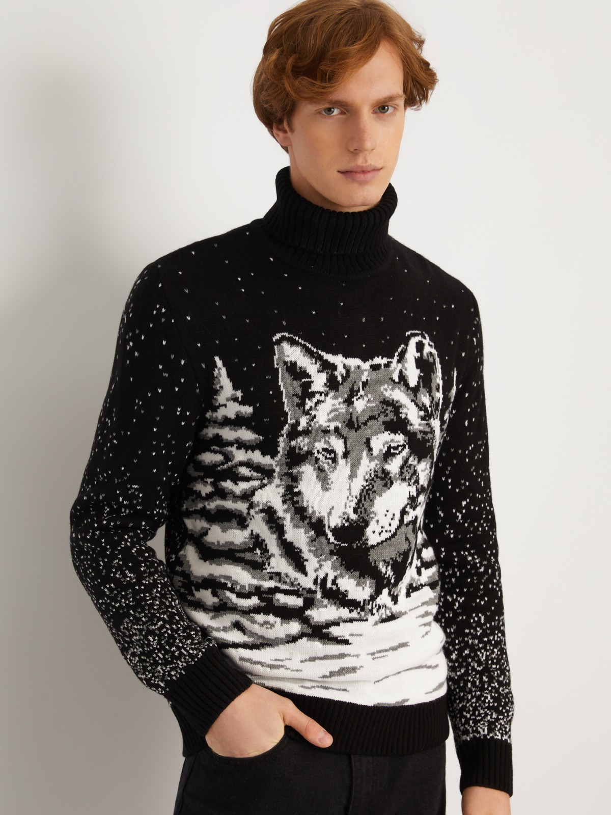 Вязаный свитер из акрила с волком zolla черного цвета