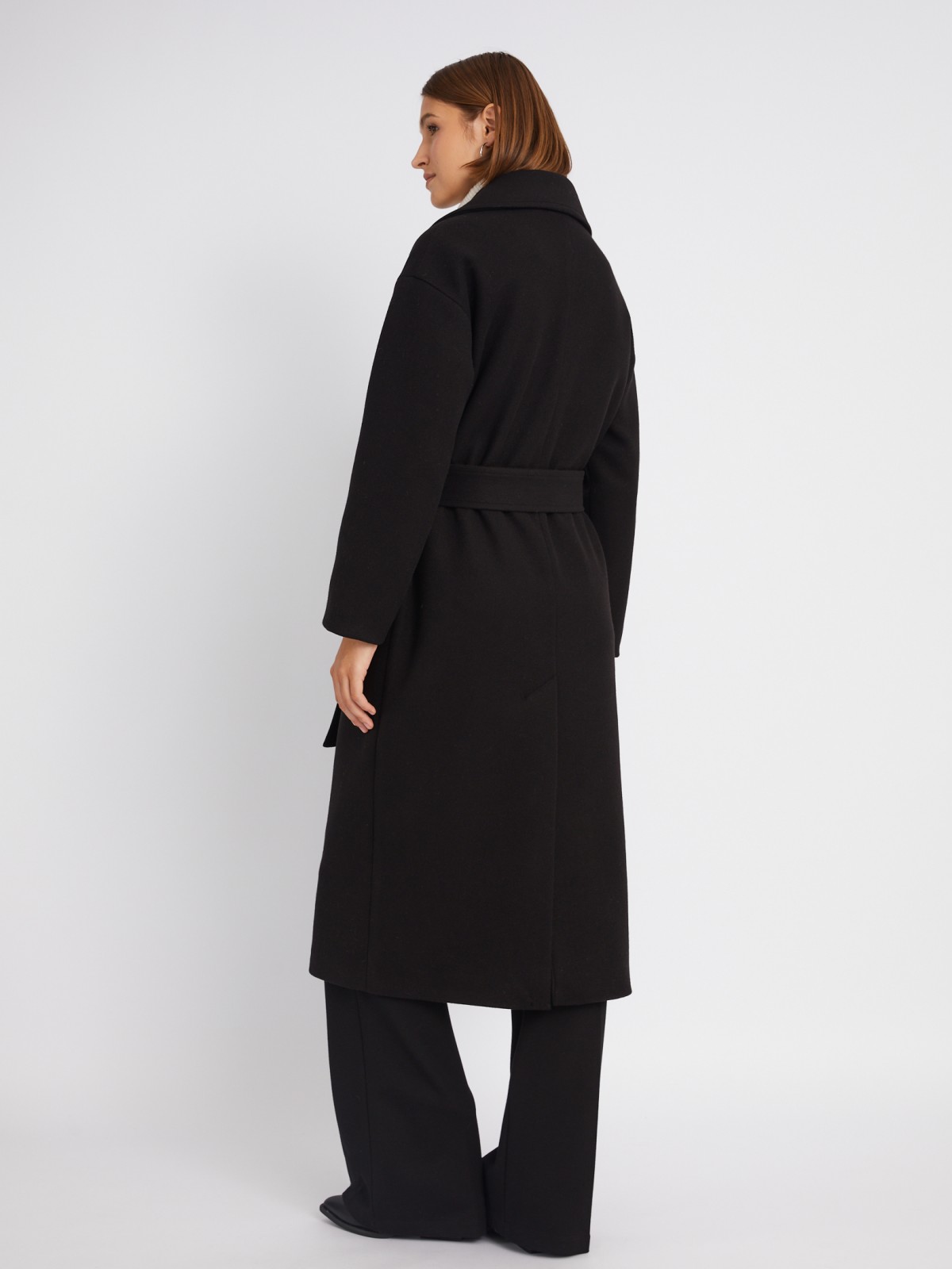 Длинное пальто оверсайз силуэта без утеплителя на пуговицах с поясом zolla 023335857024, цвет черный, размер XS - фото 6