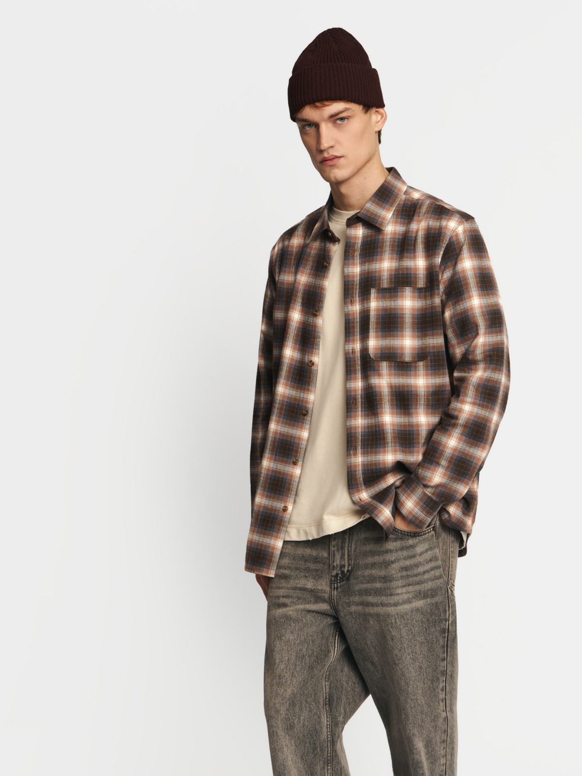 Рубашка из хлопка с длинным рукавом и узором в клетку