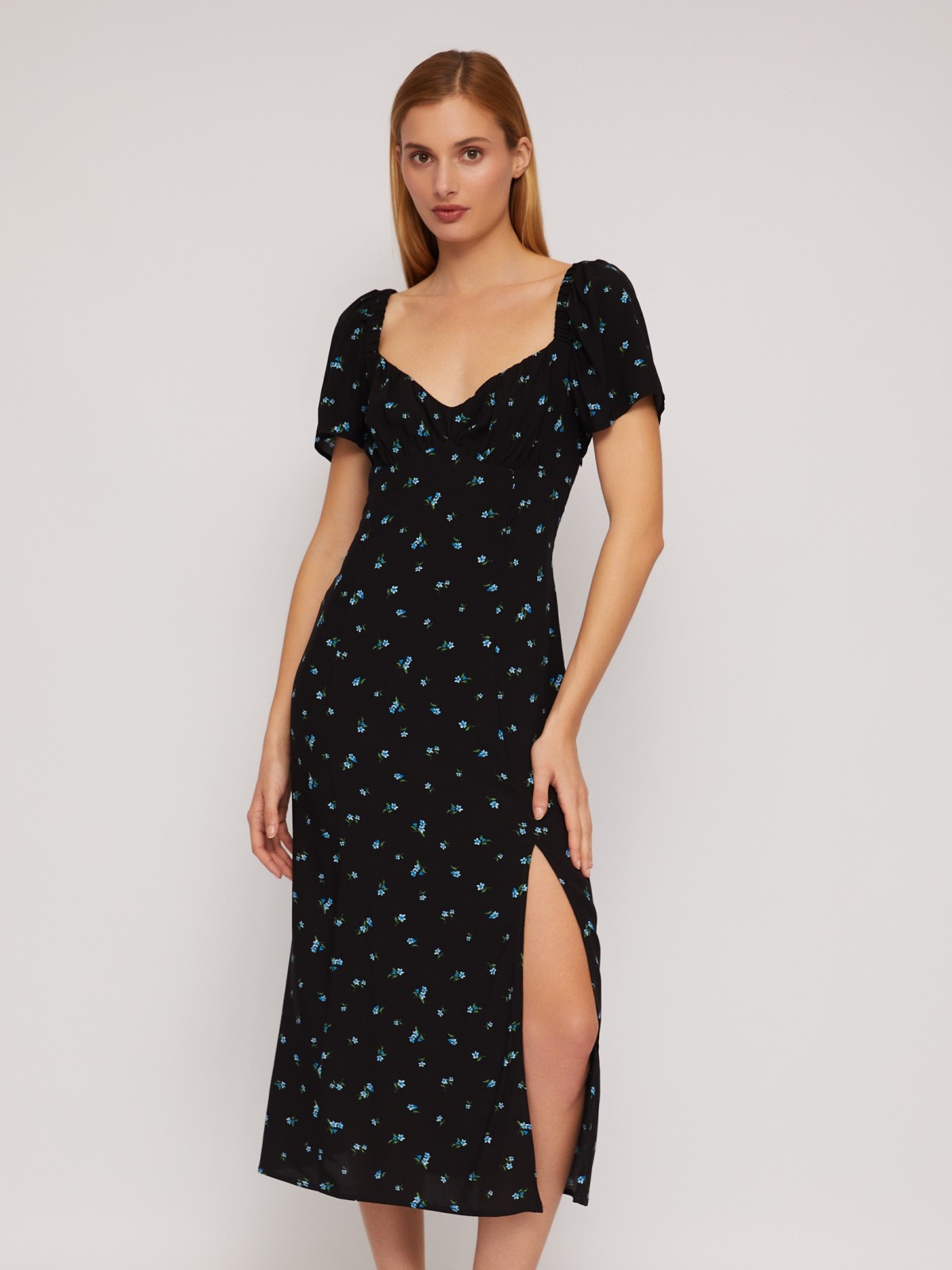 Платье миди из вискозы с коротким рукавом и разрезом