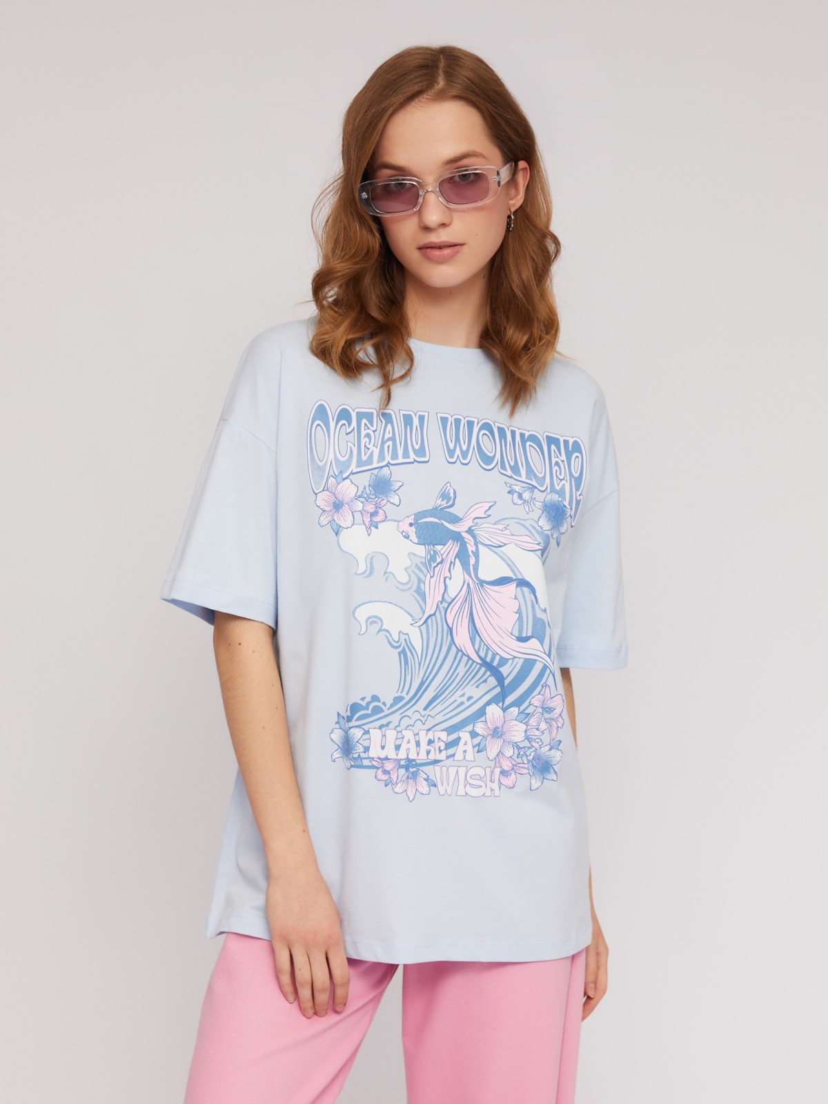 Трикотажная оверсайз футболка из хлопка с принтом zolla N24243292031, цвет светло-голубой, размер XS - фото 3