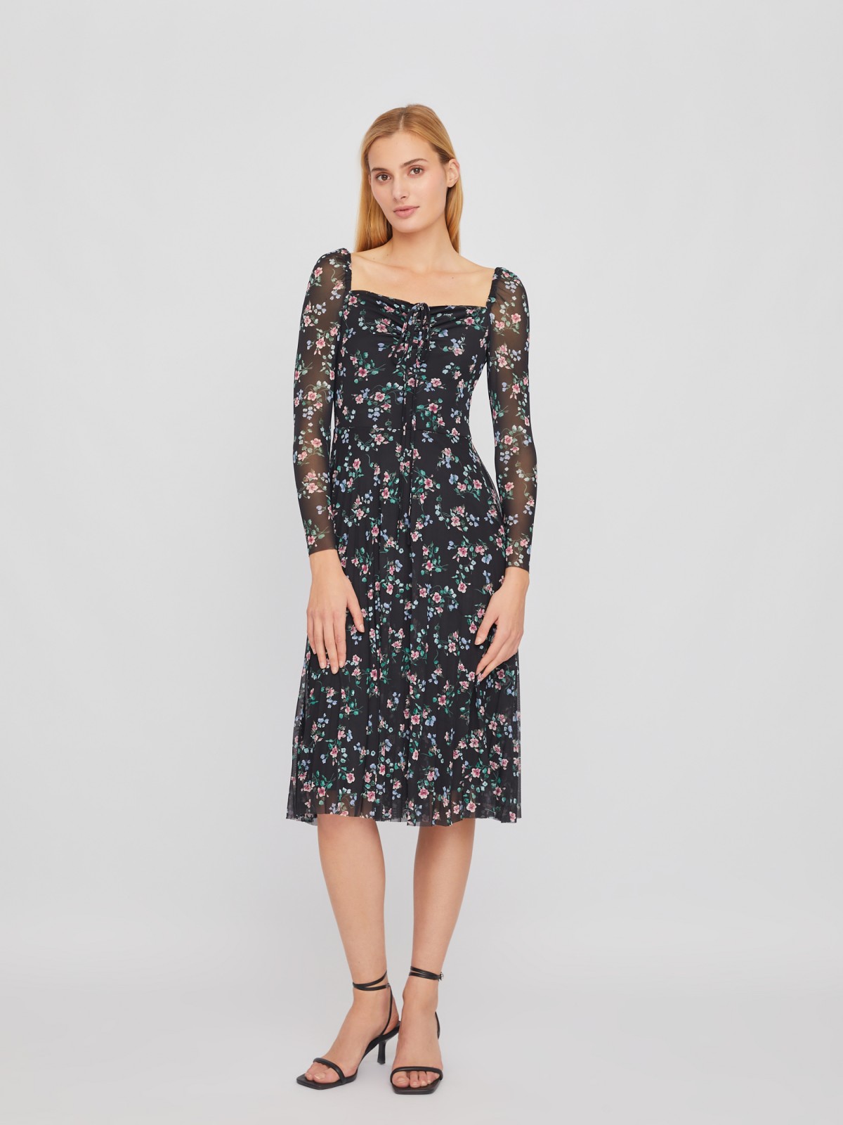 Платье длины миди с плиссировкой и цветочным принтом zolla 024118159101, размер XS - фото 2