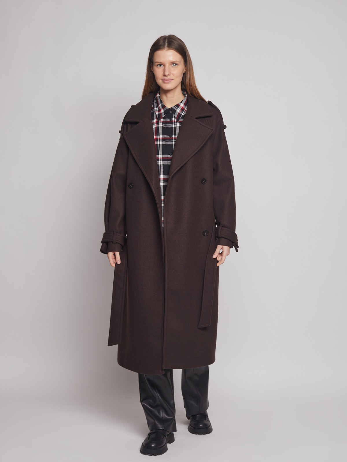 Двубортное пальто-тренч с поясом zolla 02312580Y044, цвет коричневый, размер XS - фото 2
