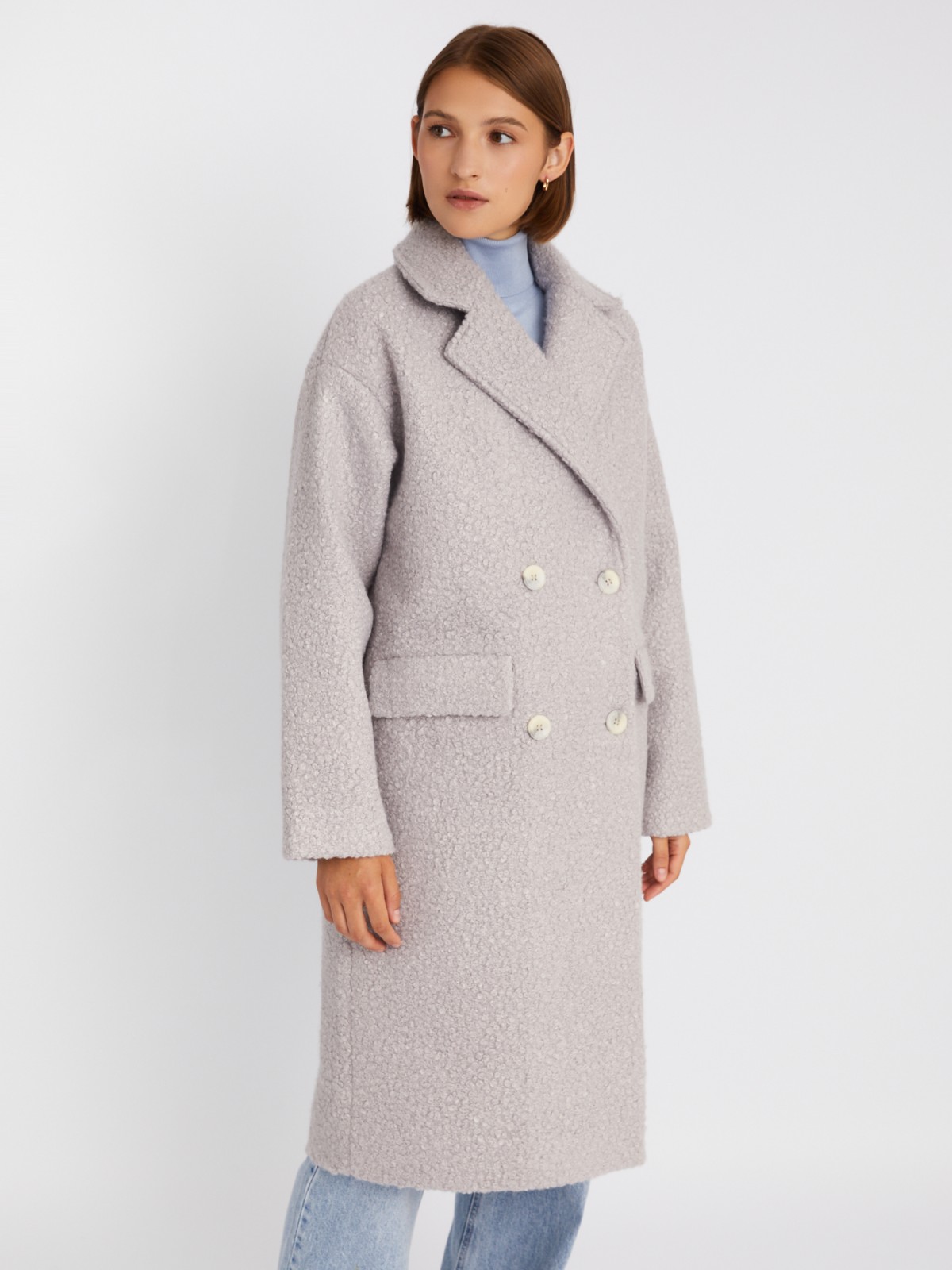 Длинное пальто оверсайз силуэта из ткани букле без утеплителя на пуговицах zolla 023335807034, цвет светло-серый, размер XS - фото 4