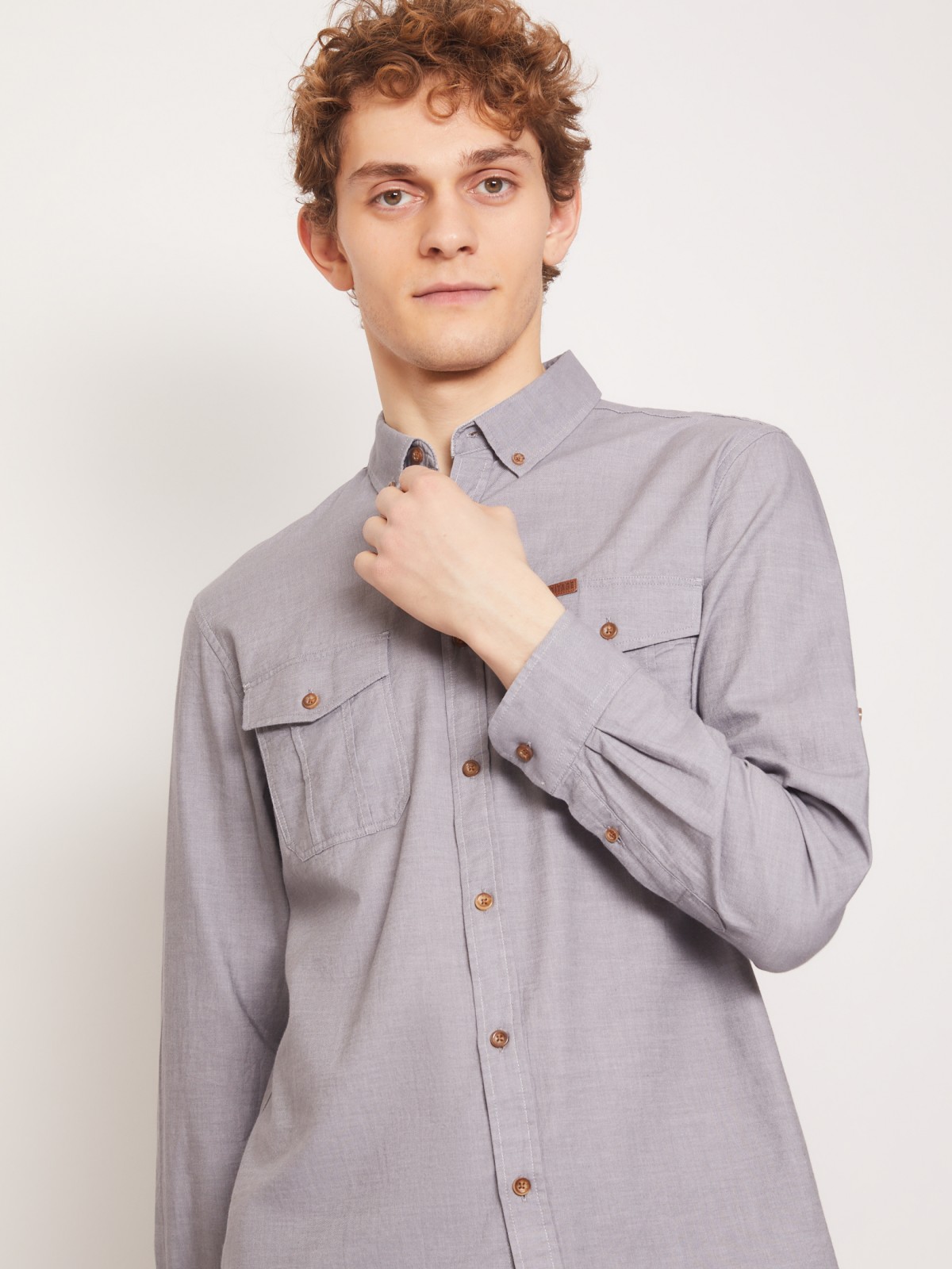 Хлопковая рубашка с накладными карманами zolla 211312162043, цвет серый, размер S - фото 2