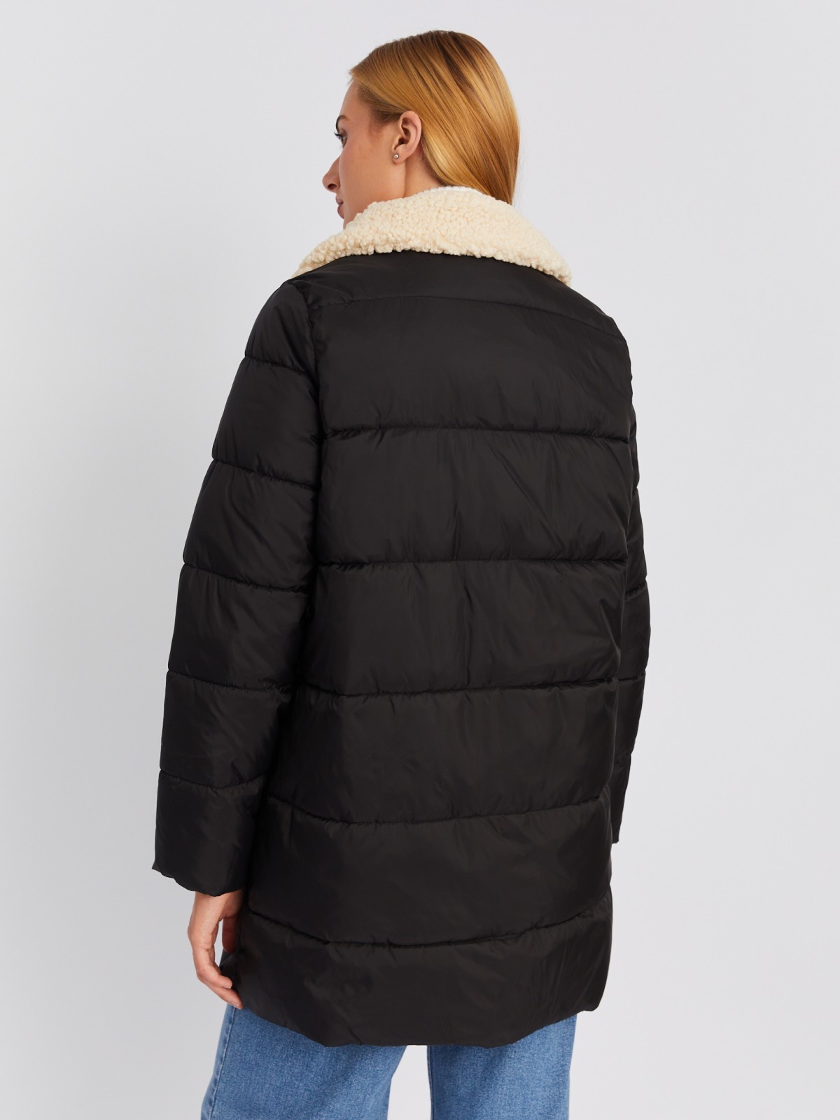 Тёплая стёганая куртка-пальто с отложным воротником и отделкой из искусственного меха zolla 023335239014, цвет черный, размер XS - фото 6