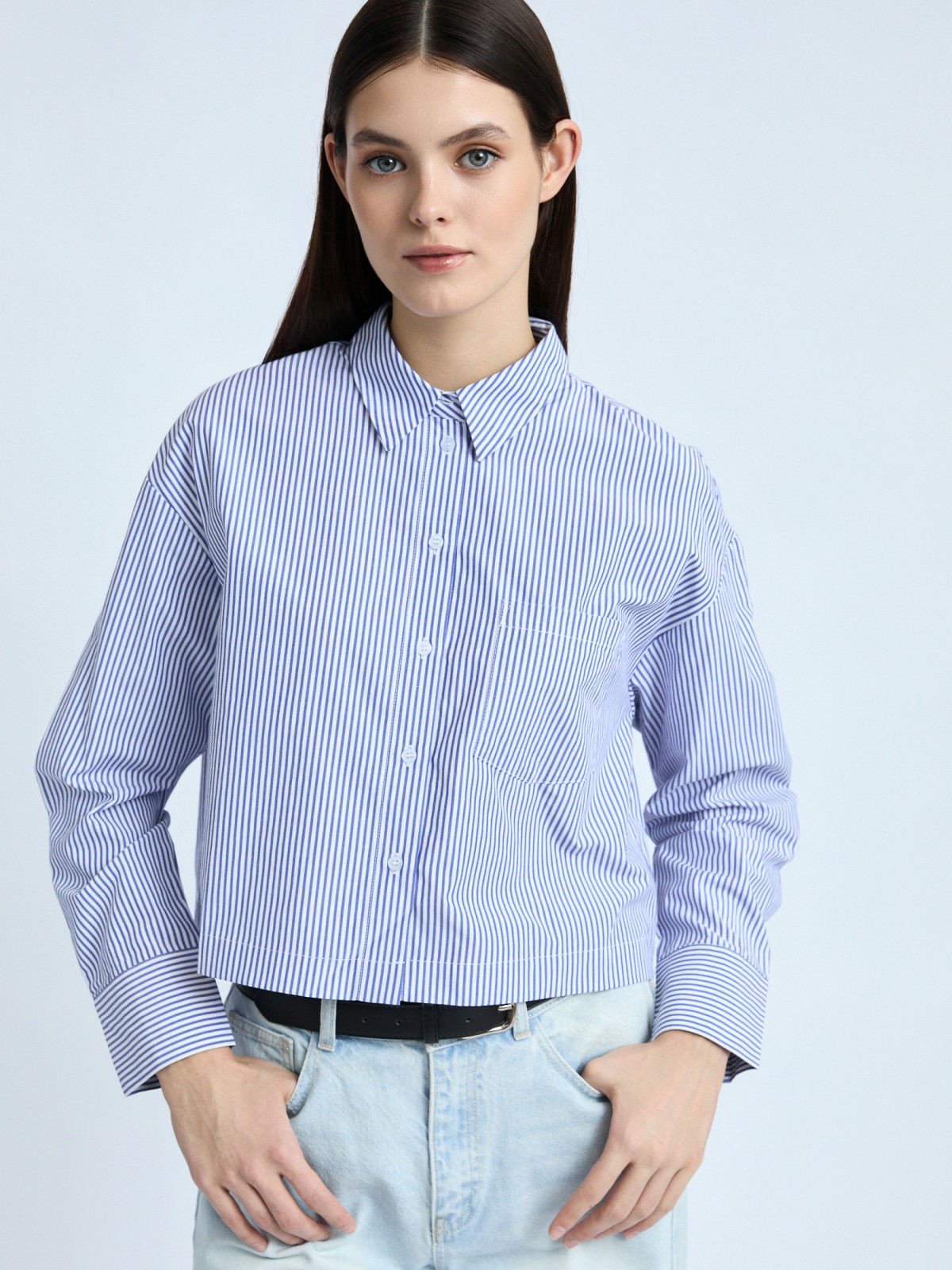 Укороченная рубашка в полоску с карманом